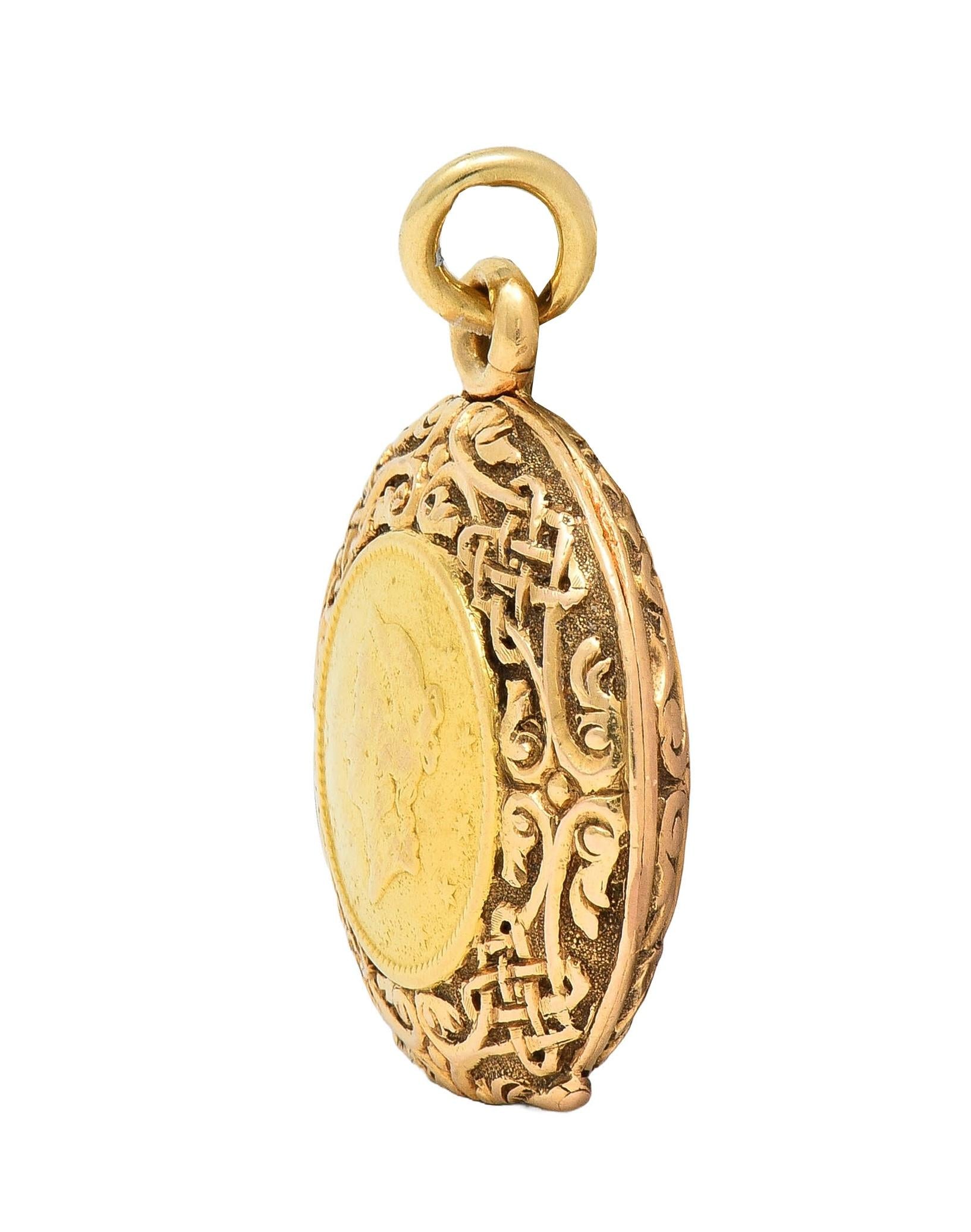 Victorian 14K Gold 1853 US Liberty Dollar Coin Antique Celtic Locket Pendant