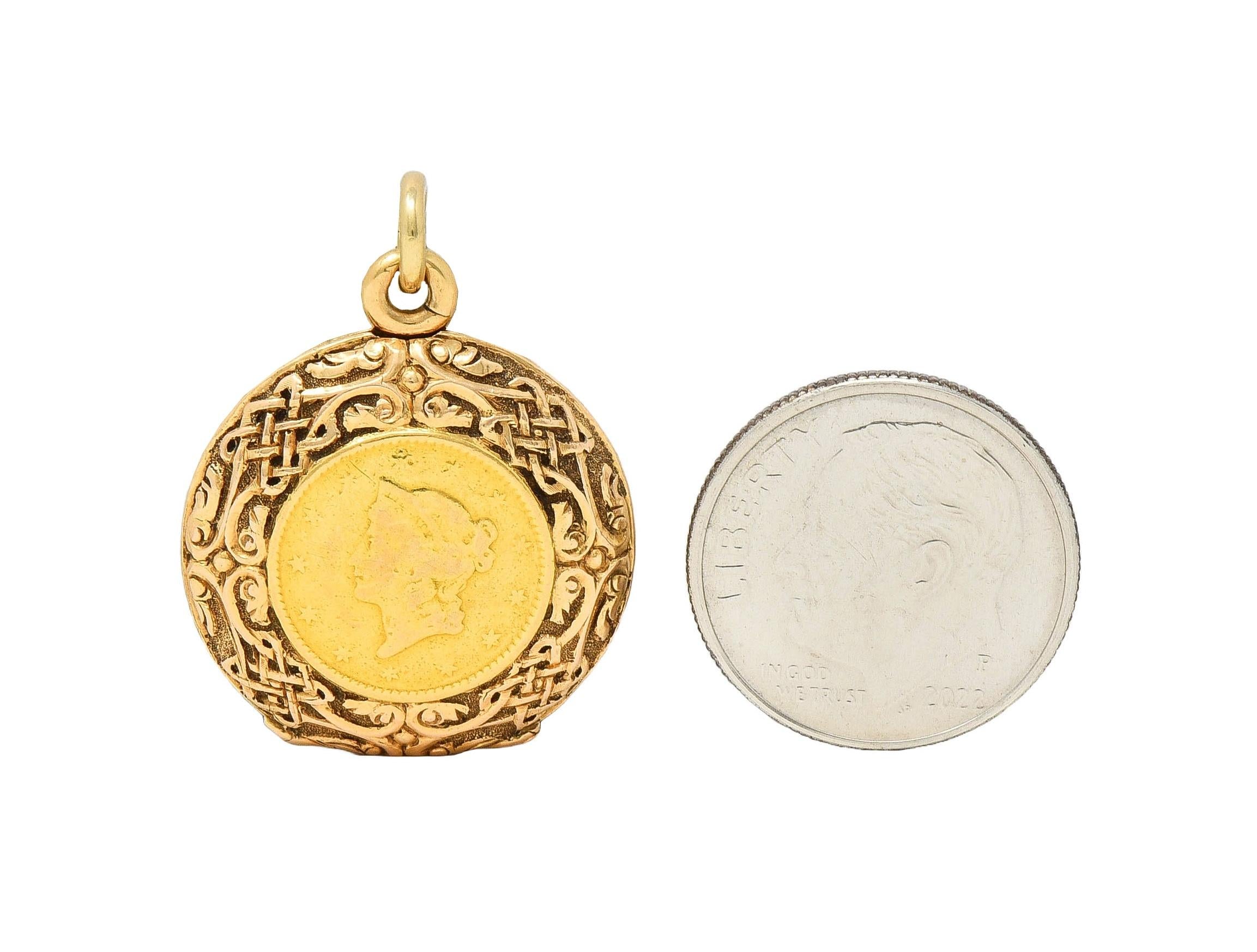 Victorian 14K Gold 1853 US Liberty Dollar Coin Antique Celtic Locket Pendant