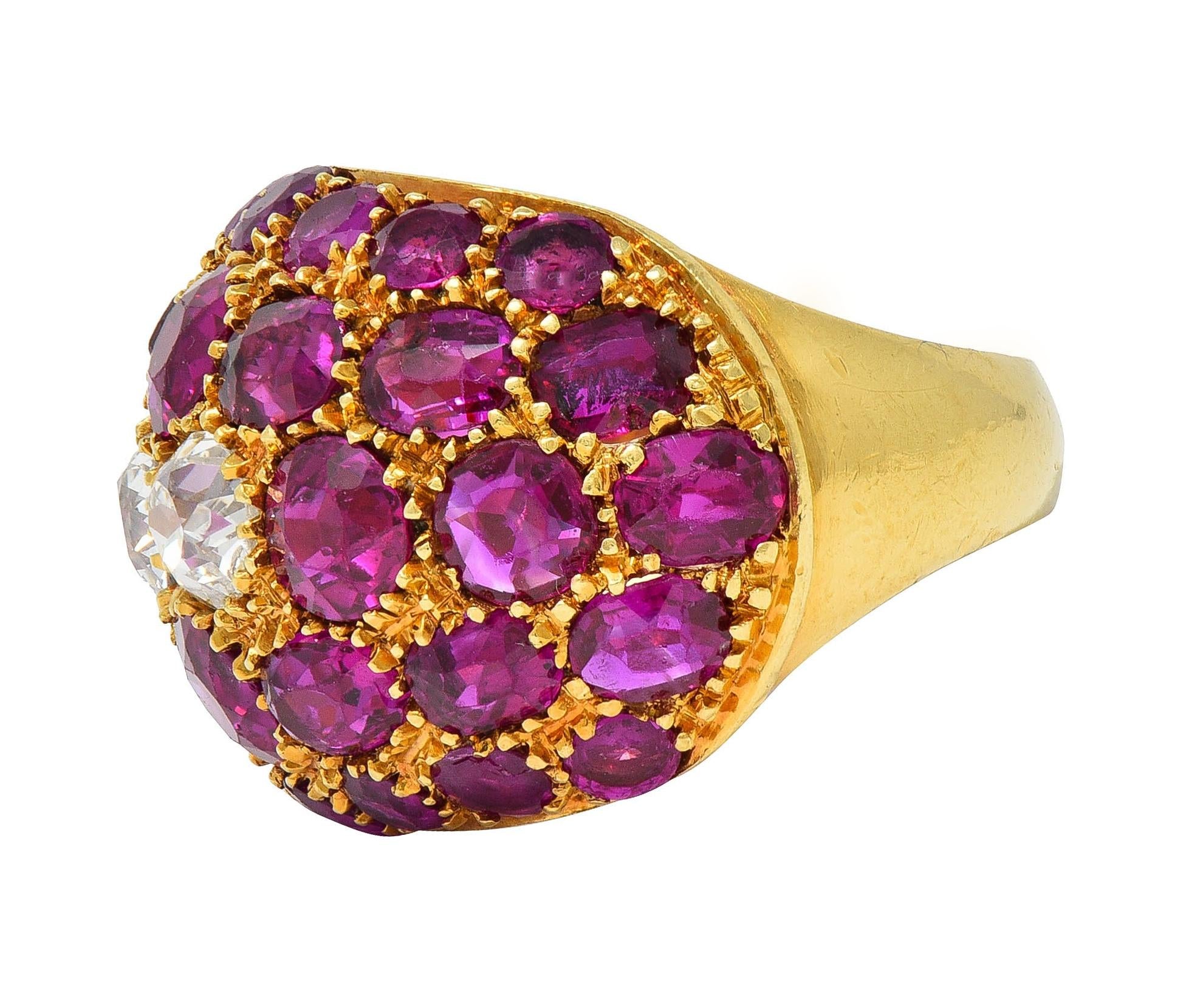 1950's 9.88 CTW Diamond Ruby 18 Karat Yellow Gold Vintage Bombé Pavé Dome Ring