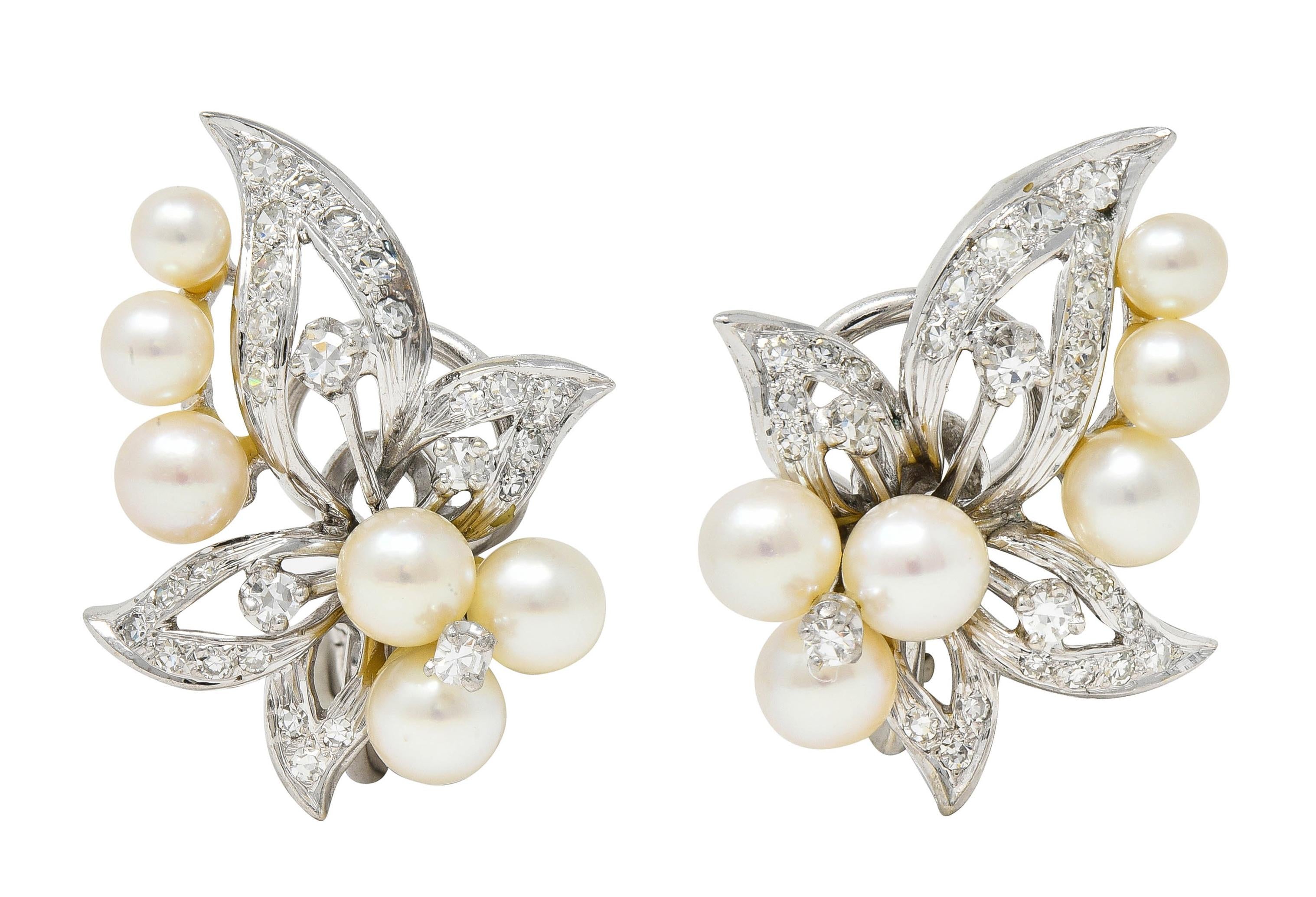 Mid-Century Diamond Pearl 14 Karat White Gold Vintage Foliate Ear-Clip Earrings