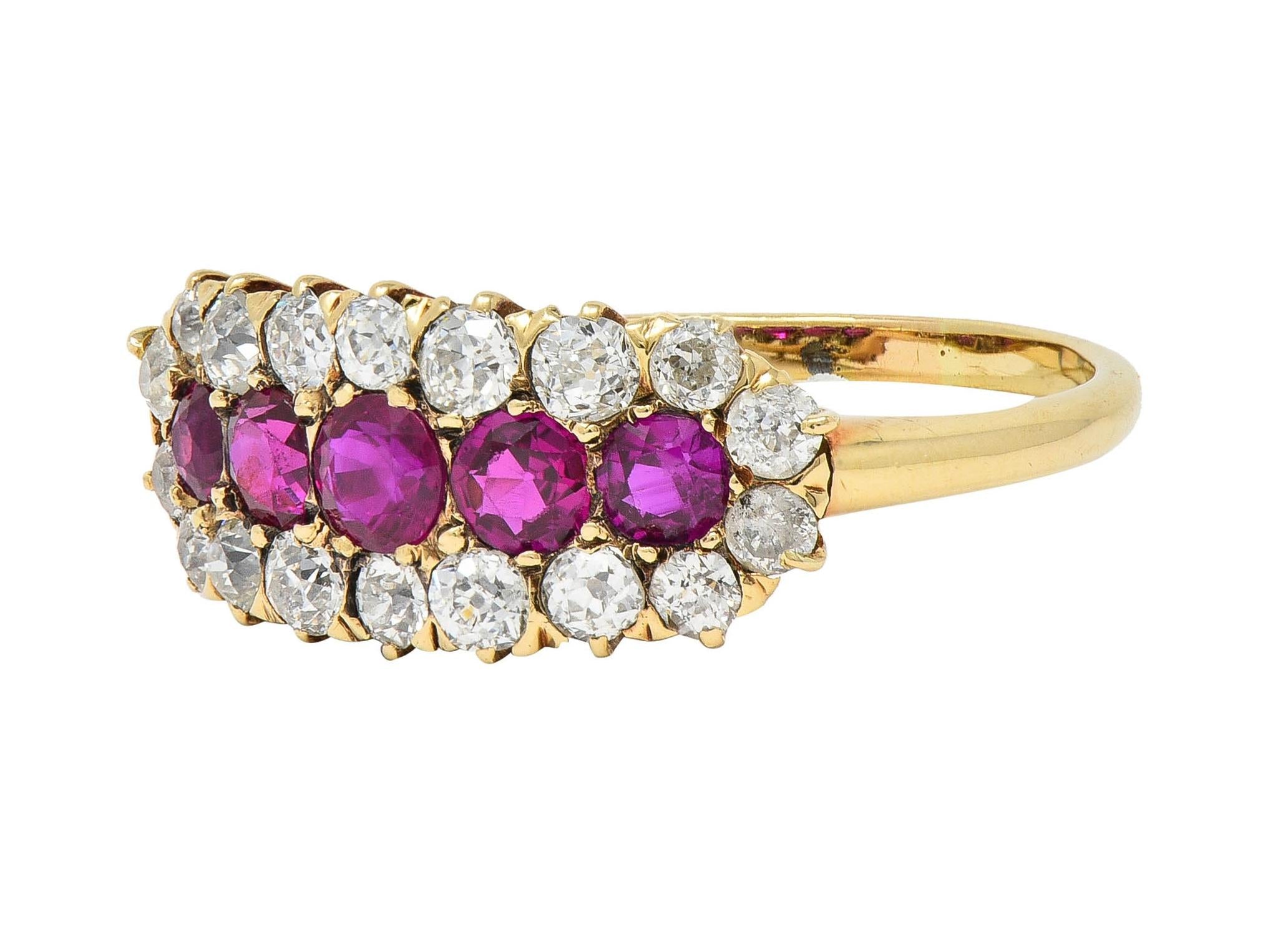 Victorian 2.59 CTW Ruby Diamond 14K Yellow Gold Antique Clustered Band Ring