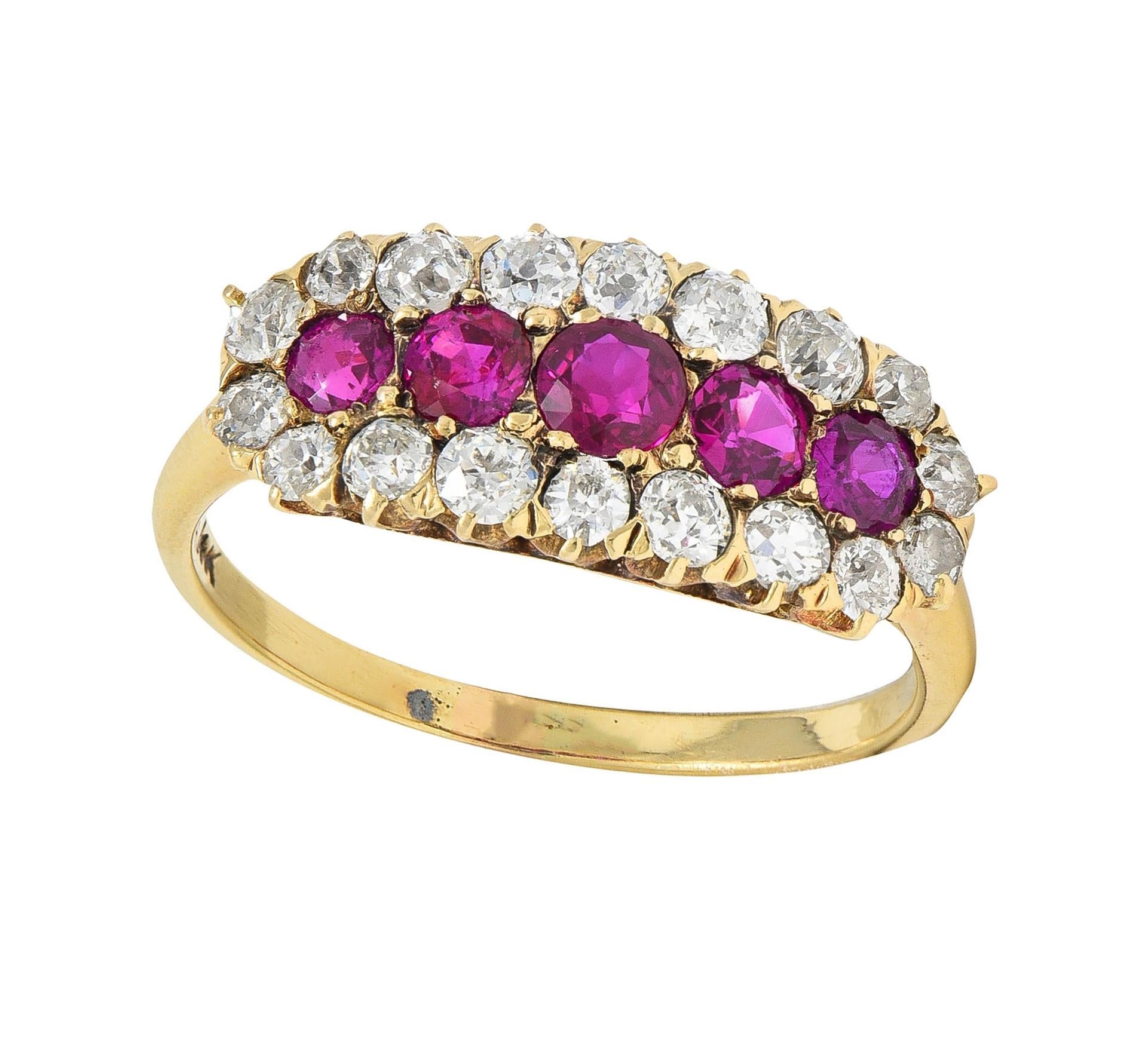 Victorian 2.59 CTW Ruby Diamond 14K Yellow Gold Antique Clustered Band Ring