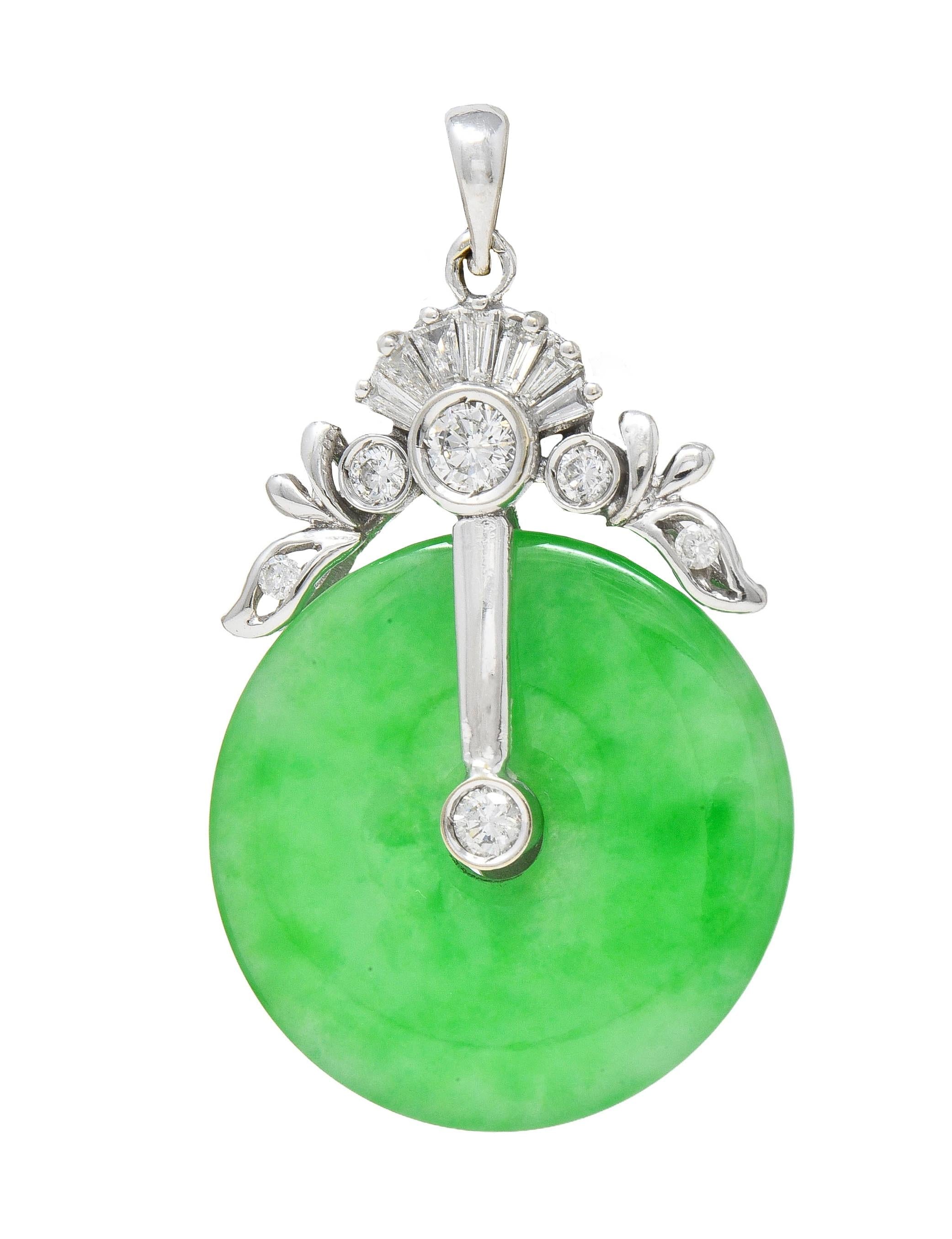 Contemporary Diamond Carved Jade 14 Karat White Gold Pi Disk Pendant