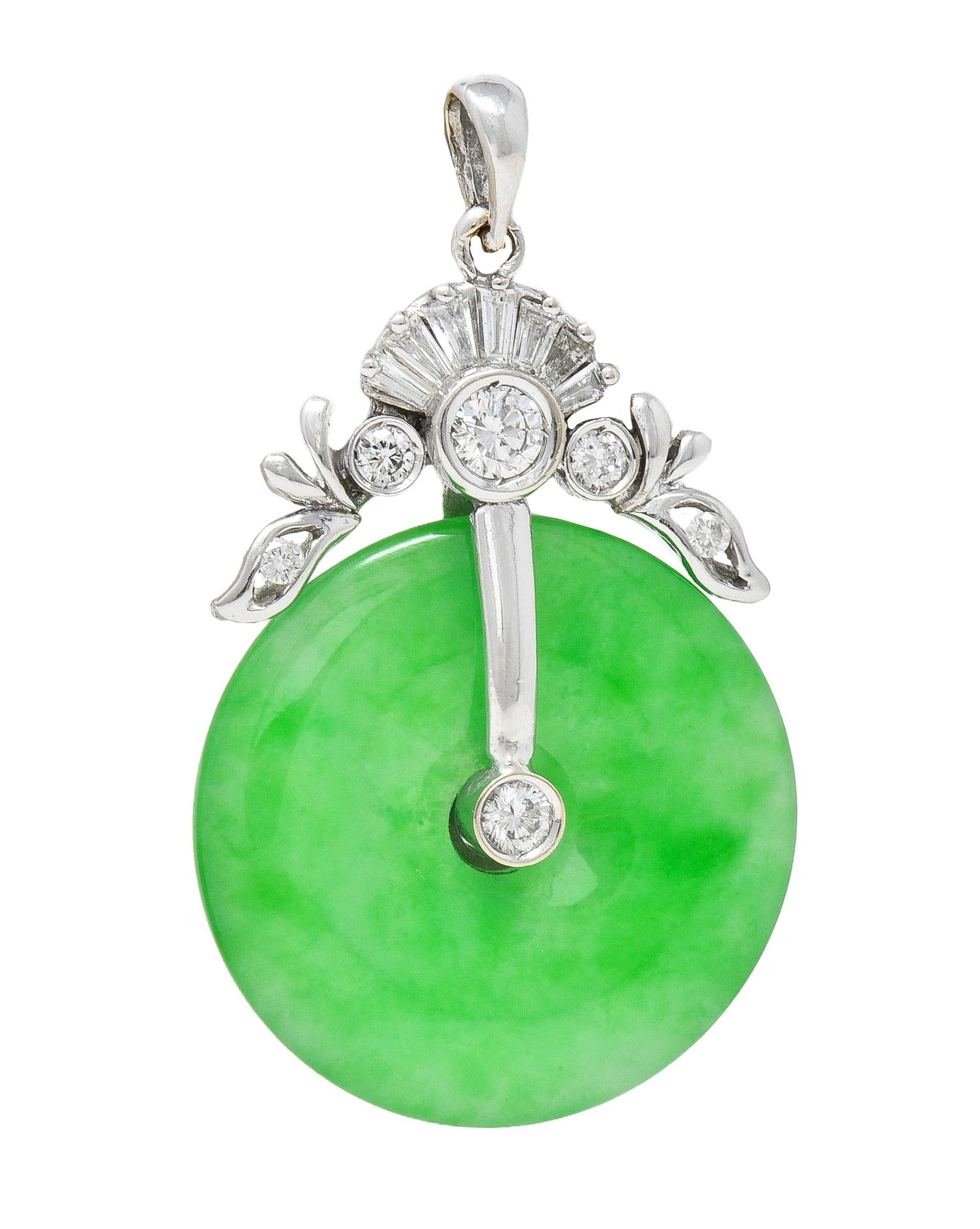 Contemporary Diamond Carved Jade 14 Karat White Gold Pi Disk Pendant