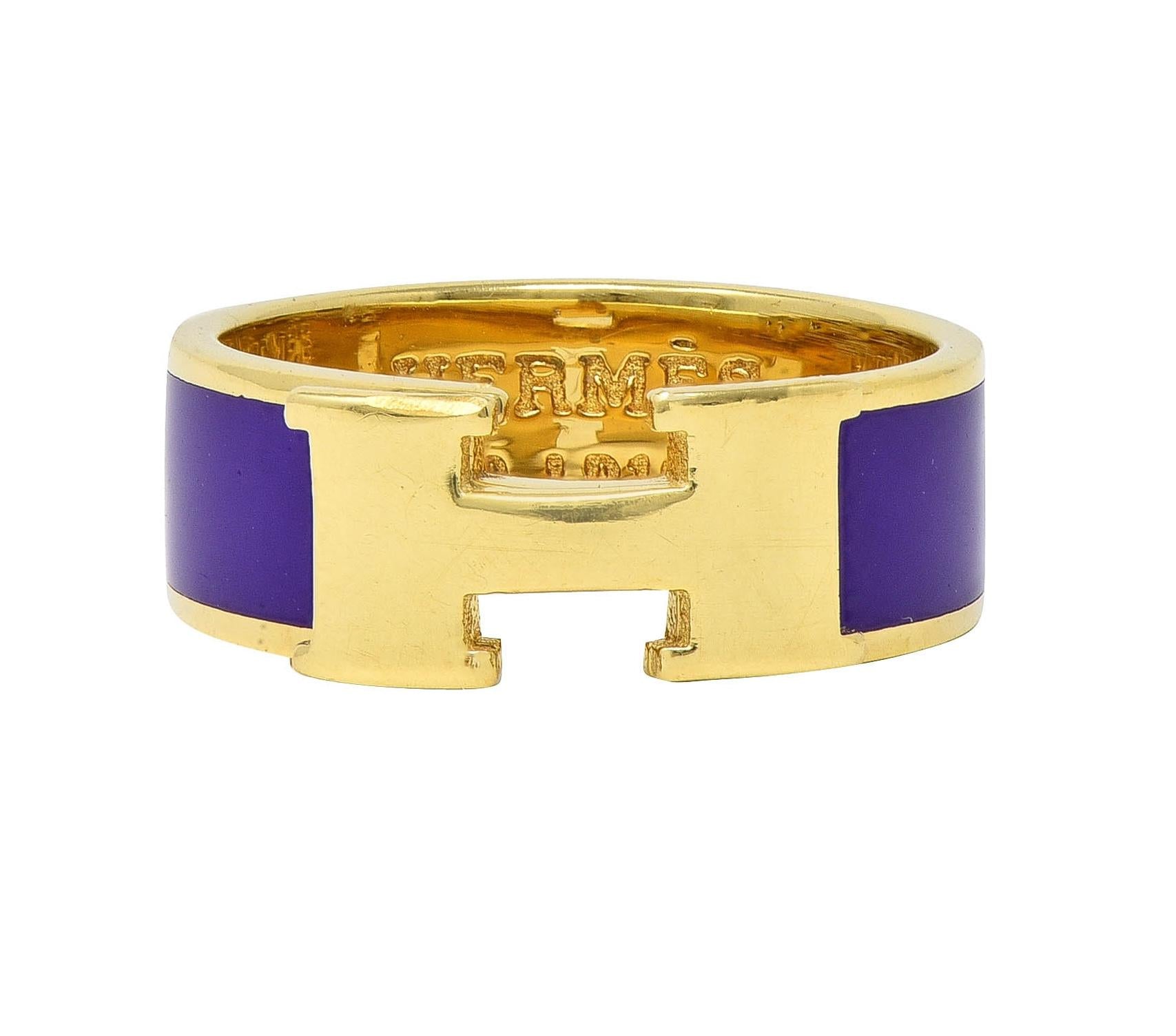 Hermés Purple Enamel 18 Karat Yellow Gold Clic Clac H Band Ring