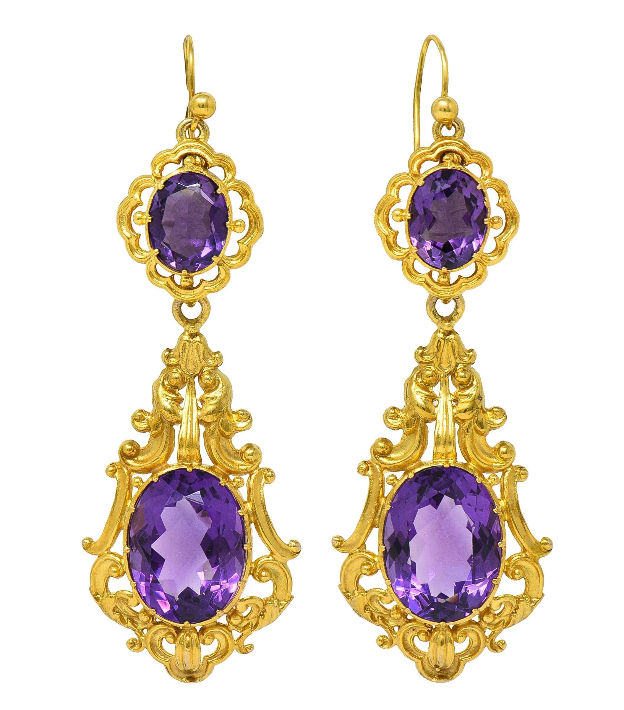 Victorian Amethyst 14 Karat Yellow Gold Antique Scrolling Drop Earrings