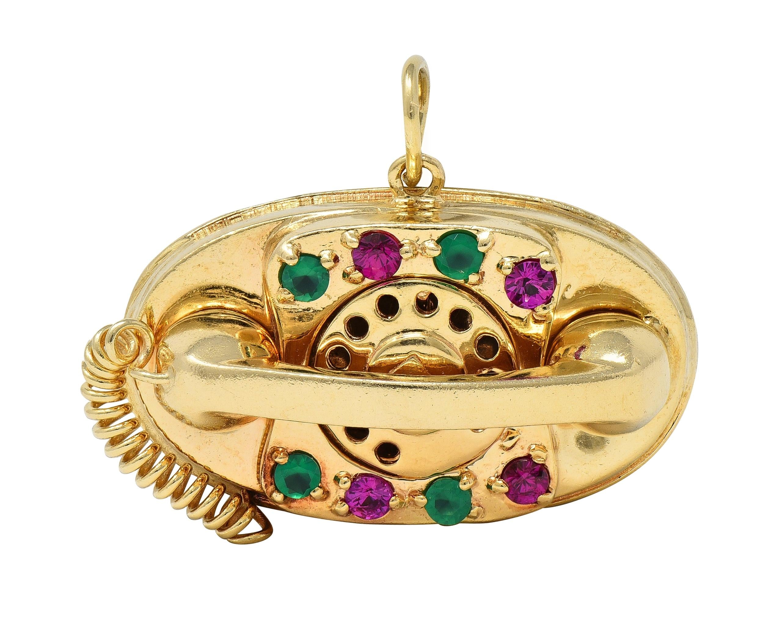 1960's Multi-Gem 14 Karat Yellow Gold Vintage Rotary Phone Pendant Charm