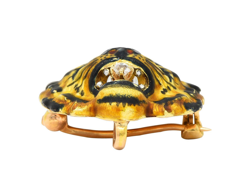 Alling & Co Art Nouveau Diamond Enamel 14 Karat Yellow Gold Antique Tiger Brooch