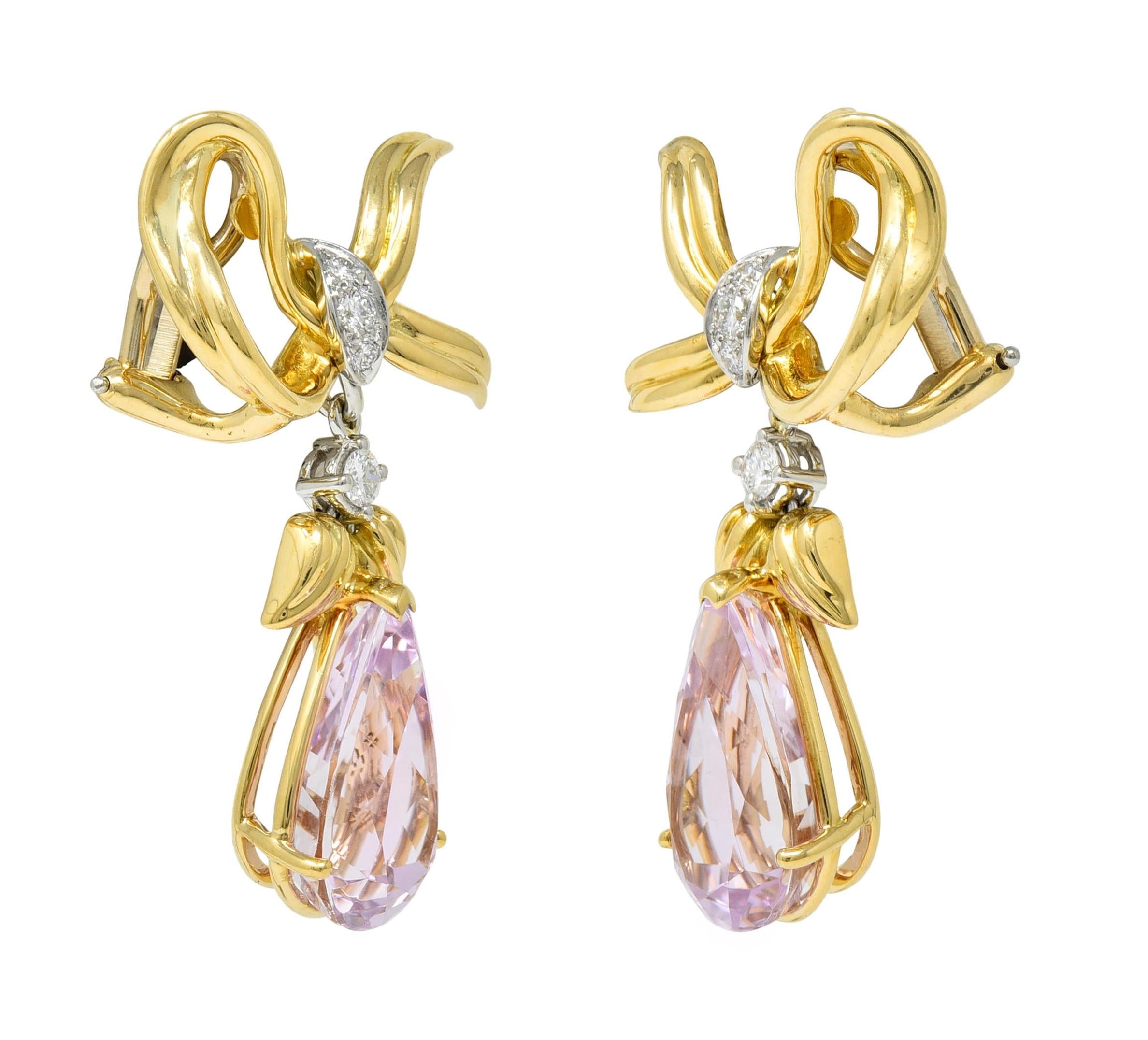 Tiffany & Co. 1988 Kunzite Diamond Platinum 18K Gold Vintage Angel Drop Earrings