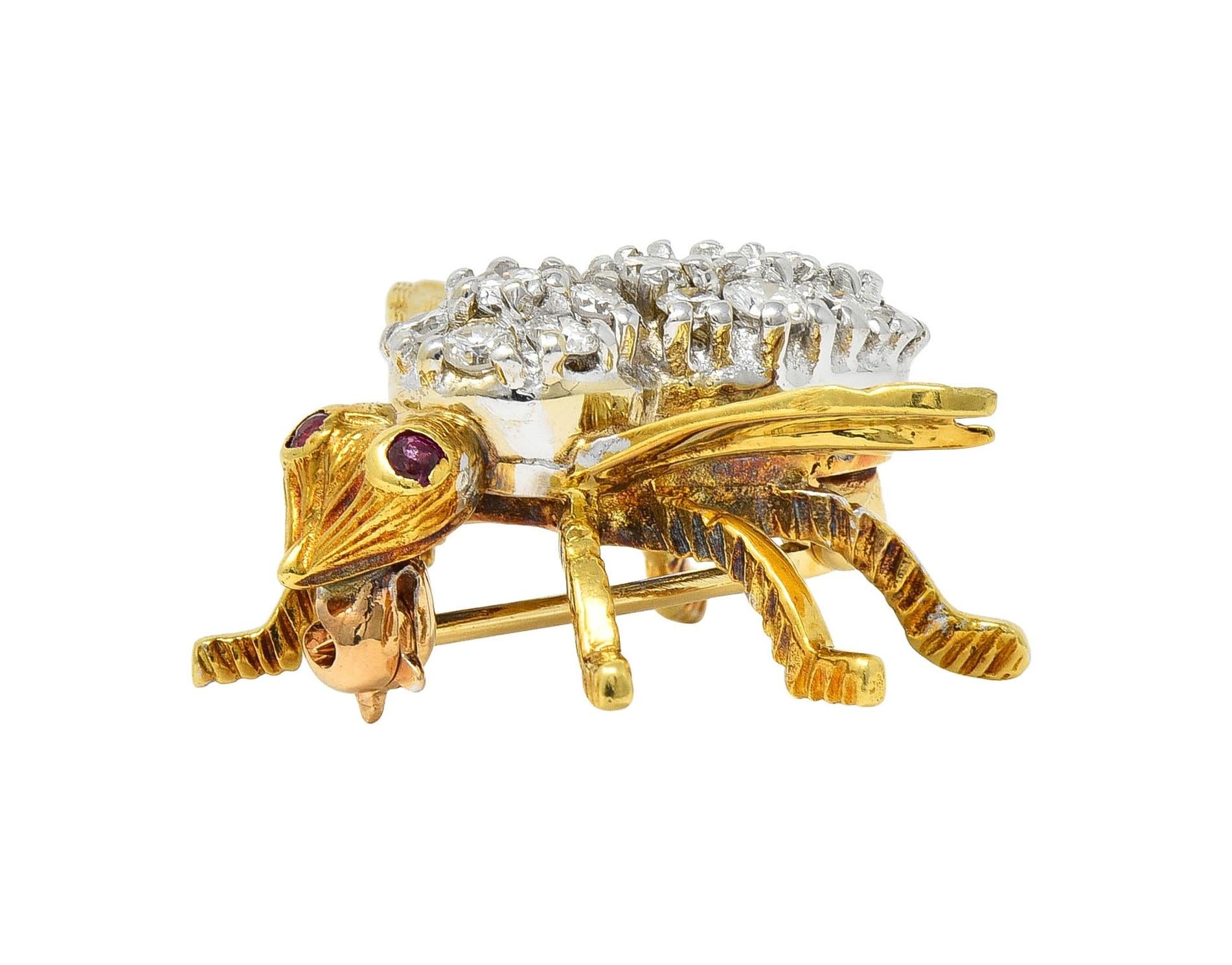 Rosenthal 1960's 1.16 CTW Diamond Ruby 18 Karat Gold Vintage Bee Bug Brooch