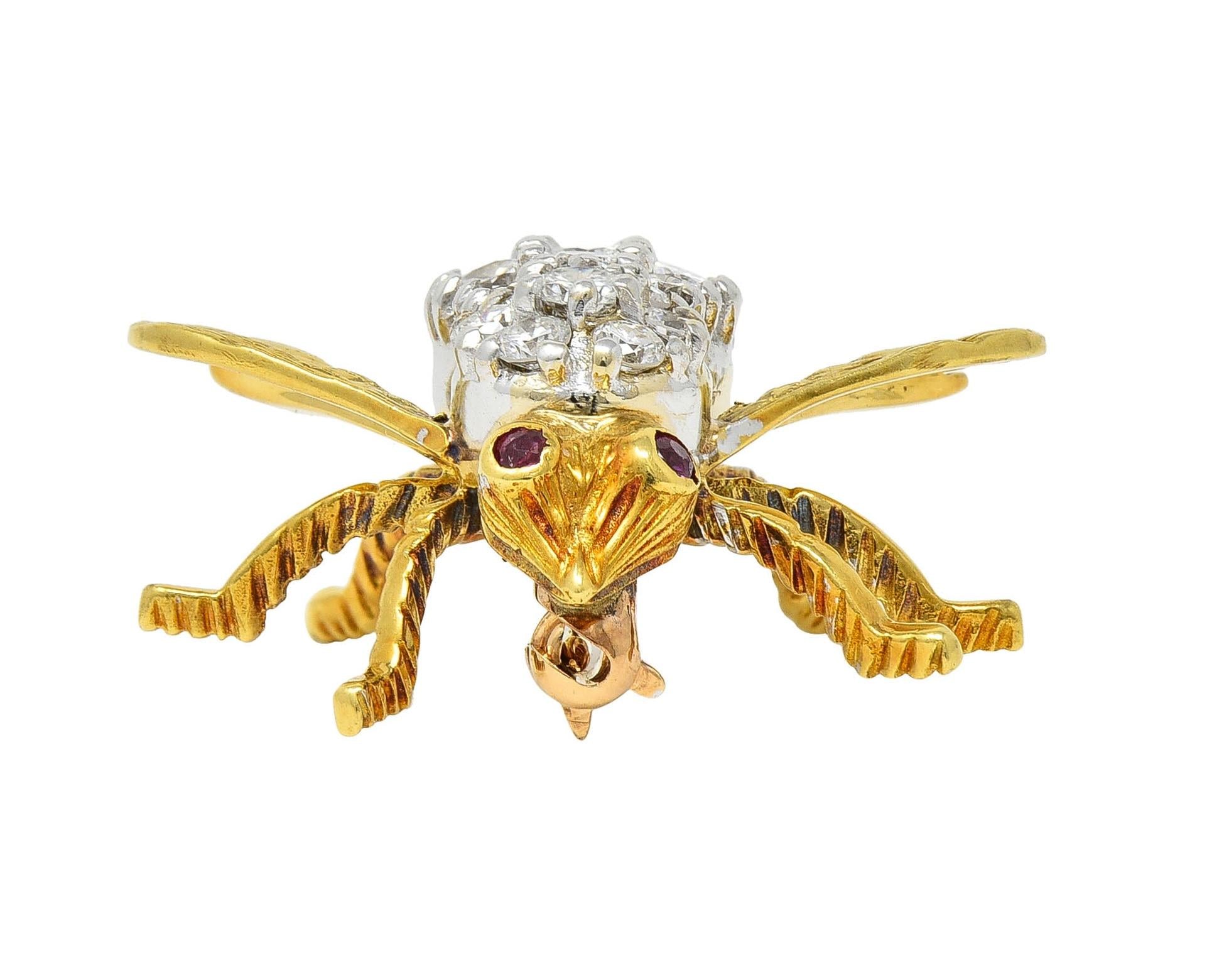 Rosenthal 1960's 1.16 CTW Diamond Ruby 18 Karat Gold Vintage Bee Bug Brooch