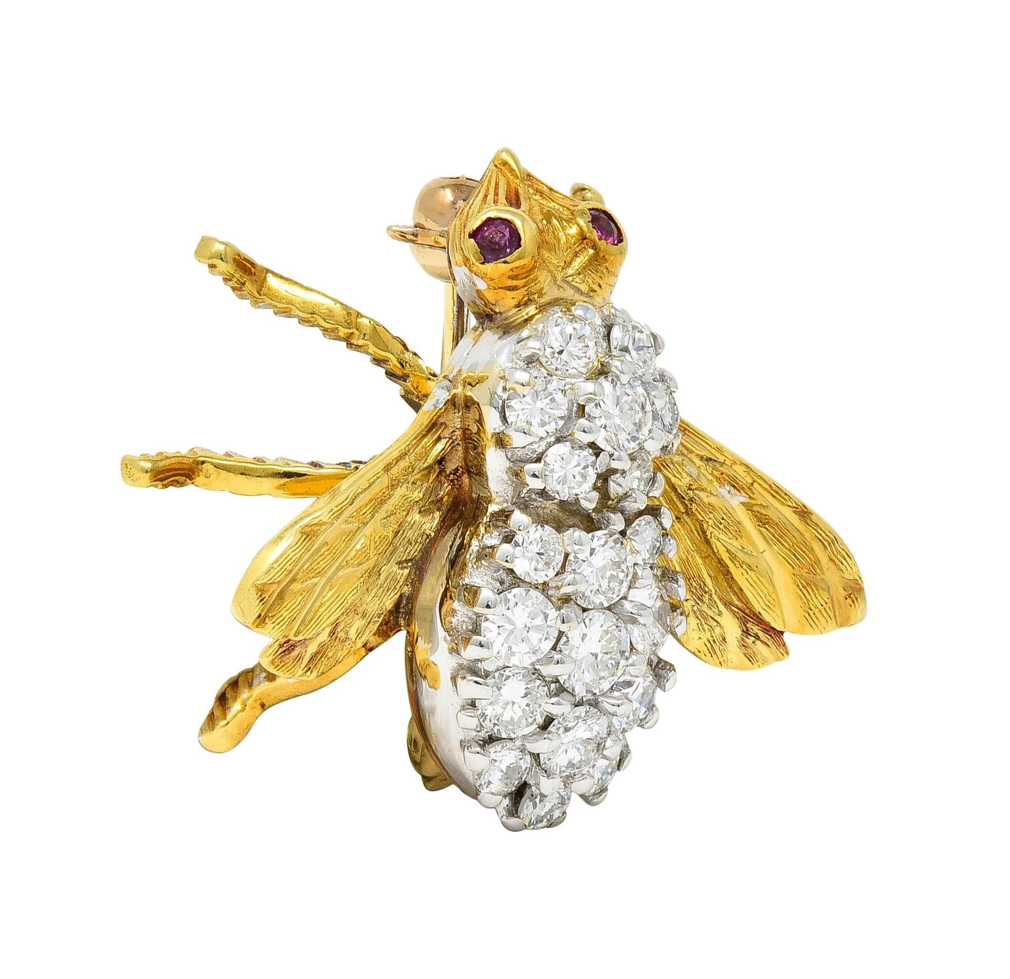 Rosenthal 1960's 1.16 CTW Diamond Ruby 18 Karat Gold Vintage Bee Bug Brooch