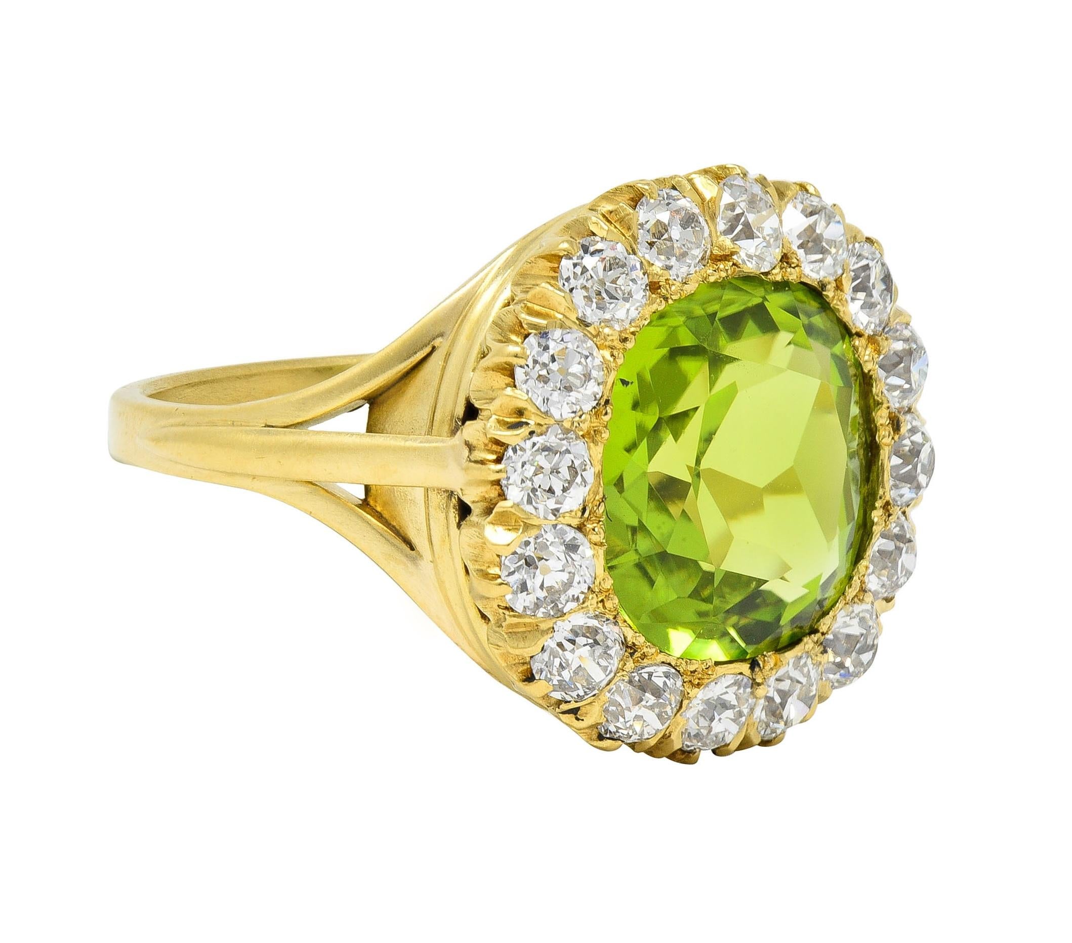 Antique 6.78 CTW Peridot Diamond 18 Karat Yellow Gold Halo Ring