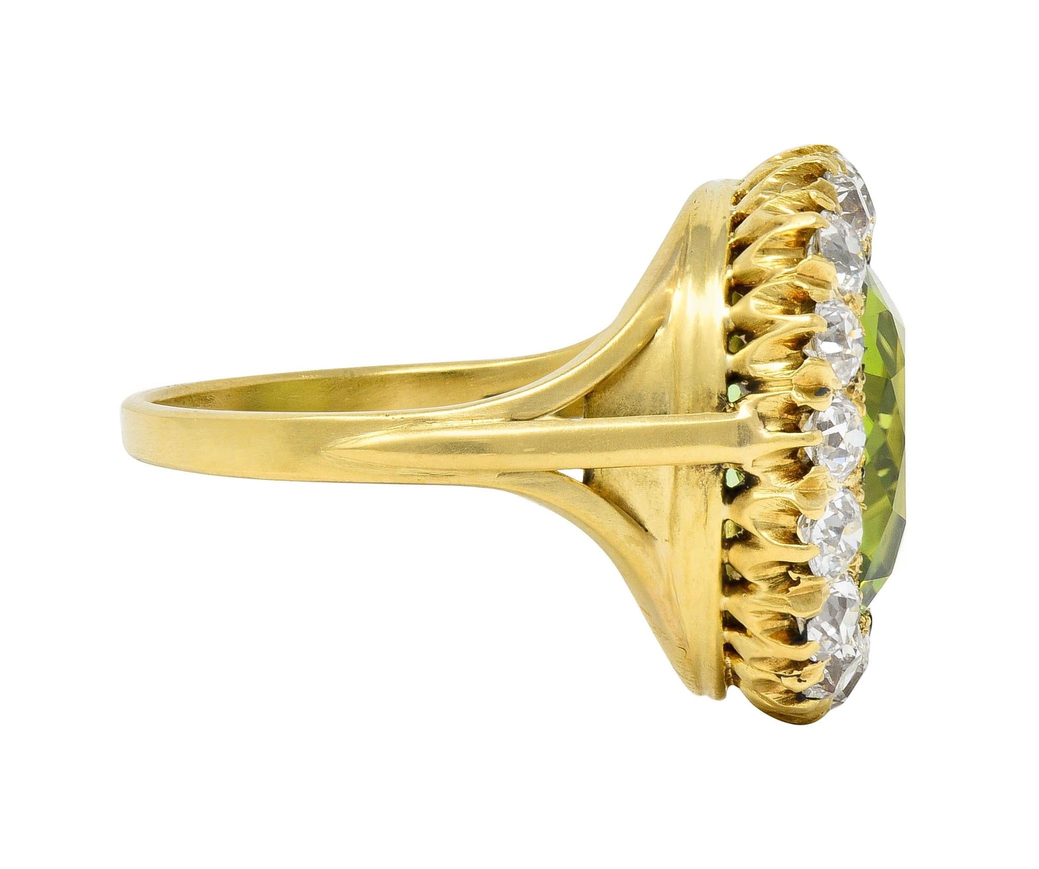 Antique 6.78 CTW Peridot Diamond 18 Karat Yellow Gold Halo Ring