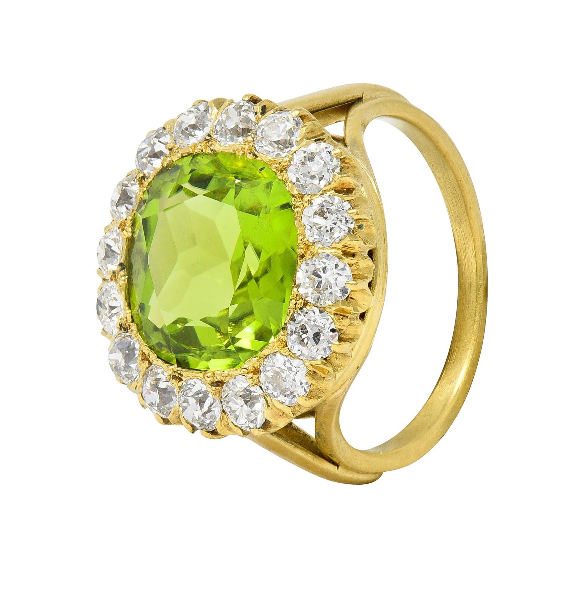 Antique 6.78 CTW Peridot Diamond 18 Karat Yellow Gold Halo Ring