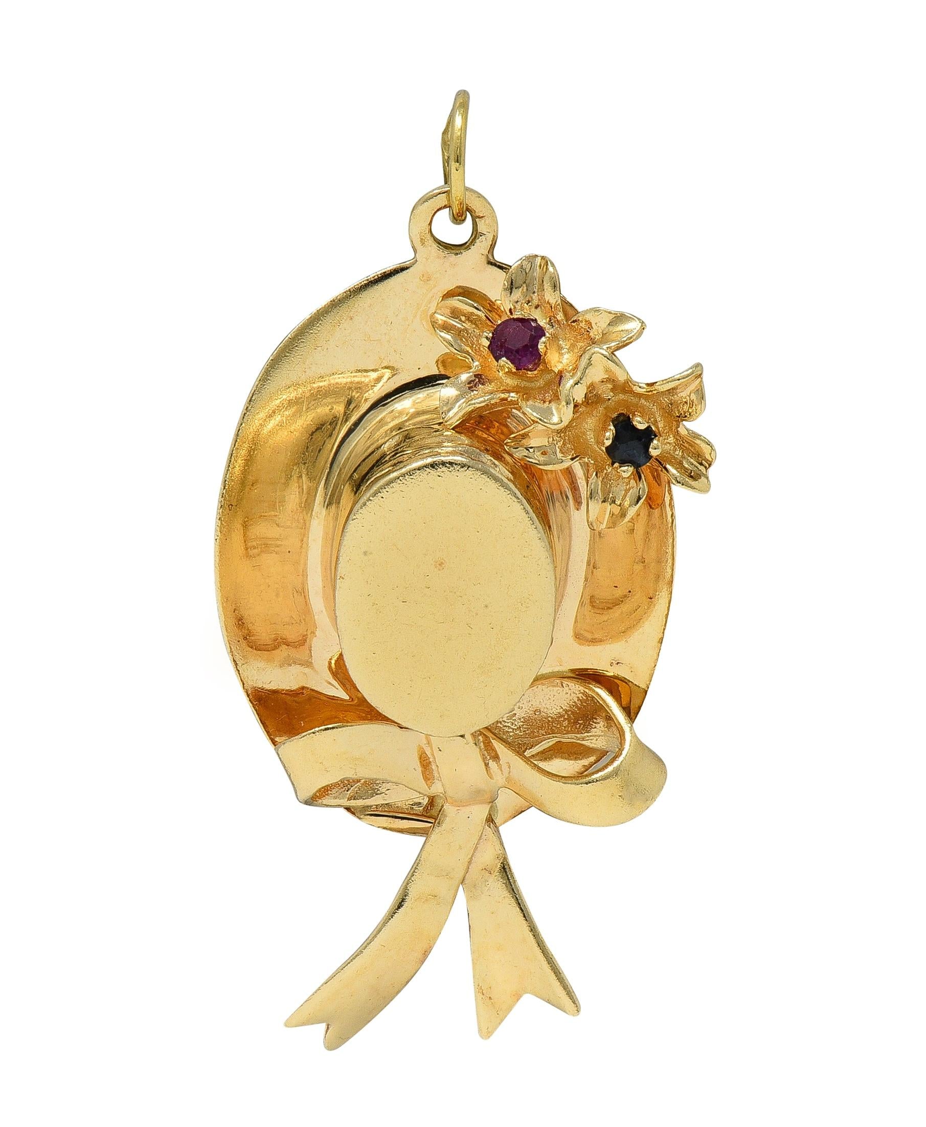 1950's Multi-Gem 14 Karat Yellow Gold Vintage Sun Hat Pendant Charm