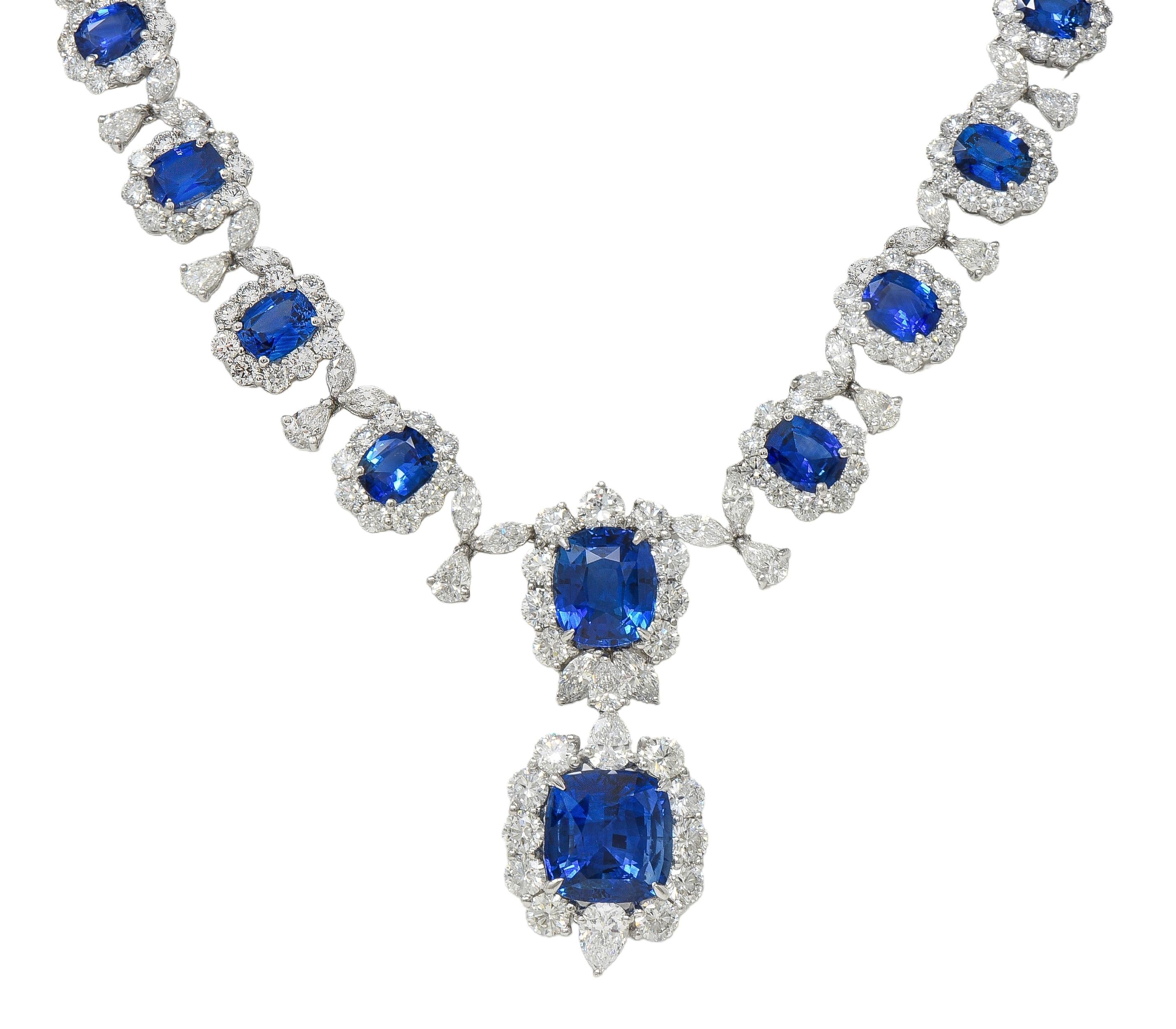 Contemporary Blue Sapphire Diamond Platinum White Gold Floral Statement Necklace