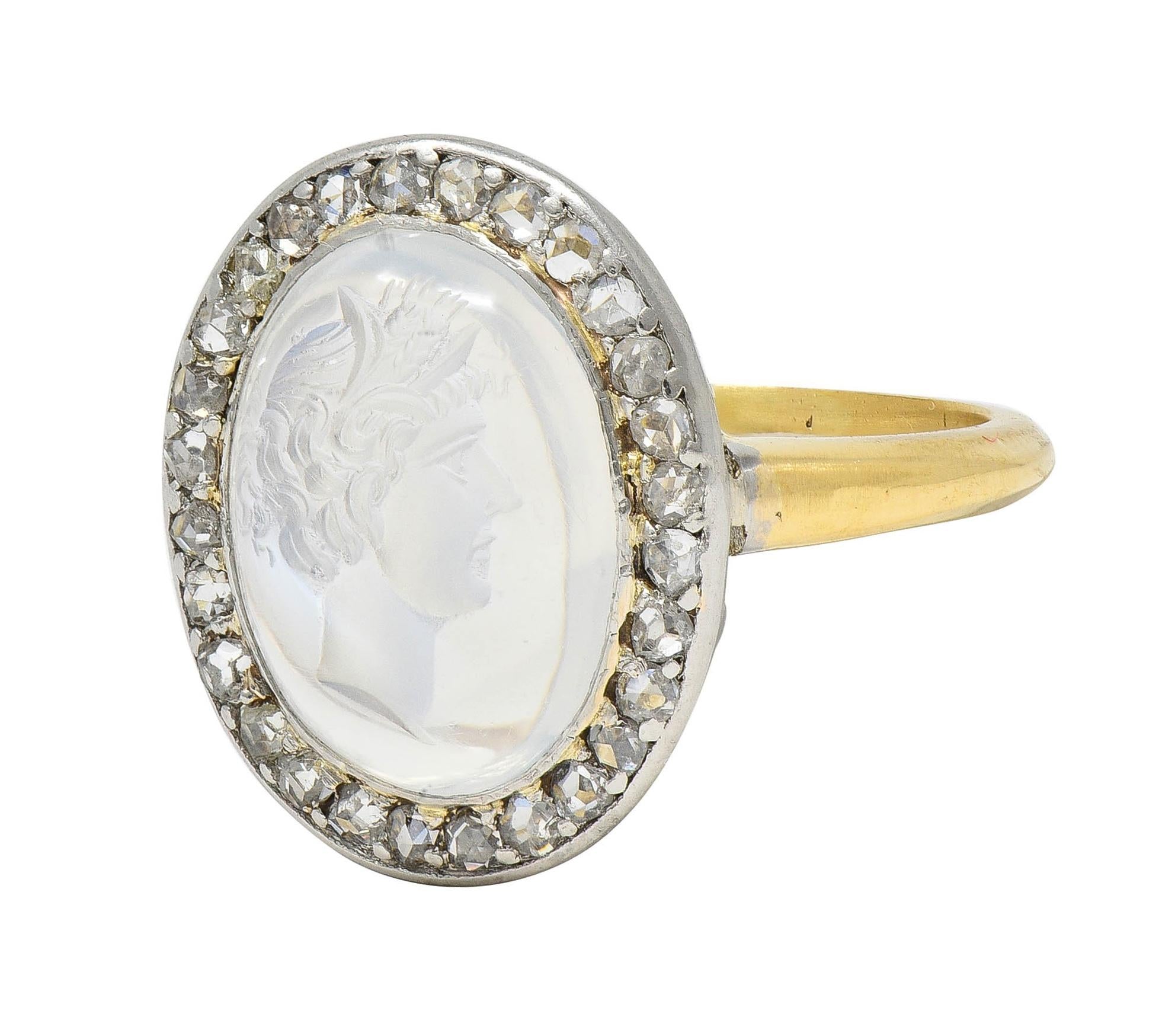 Edwardian Moonstone Diamond Platinum 18K Yellow Gold Antique Intaglio Halo Ring