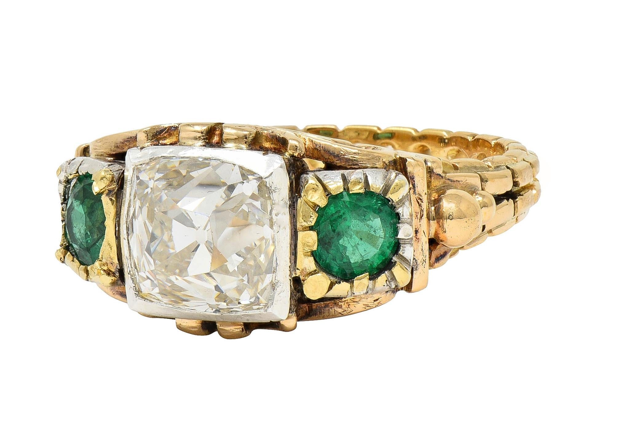 Early Victorian 3.92 CTW Peruzzi Cut Diamond Emerald 18 Karat Gold Antique Ring