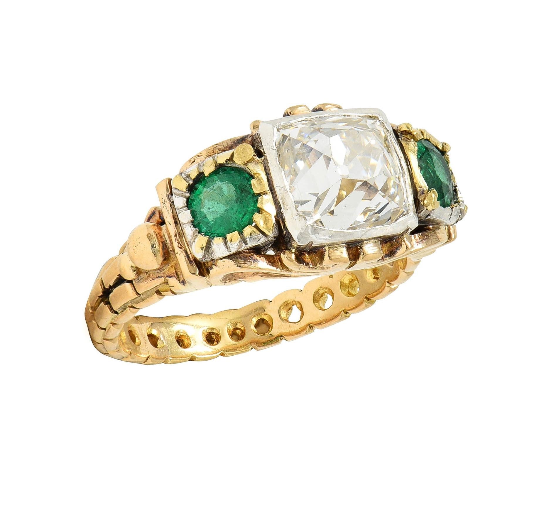 Early Victorian 3.92 CTW Peruzzi Cut Diamond Emerald 18 Karat Gold Antique Ring