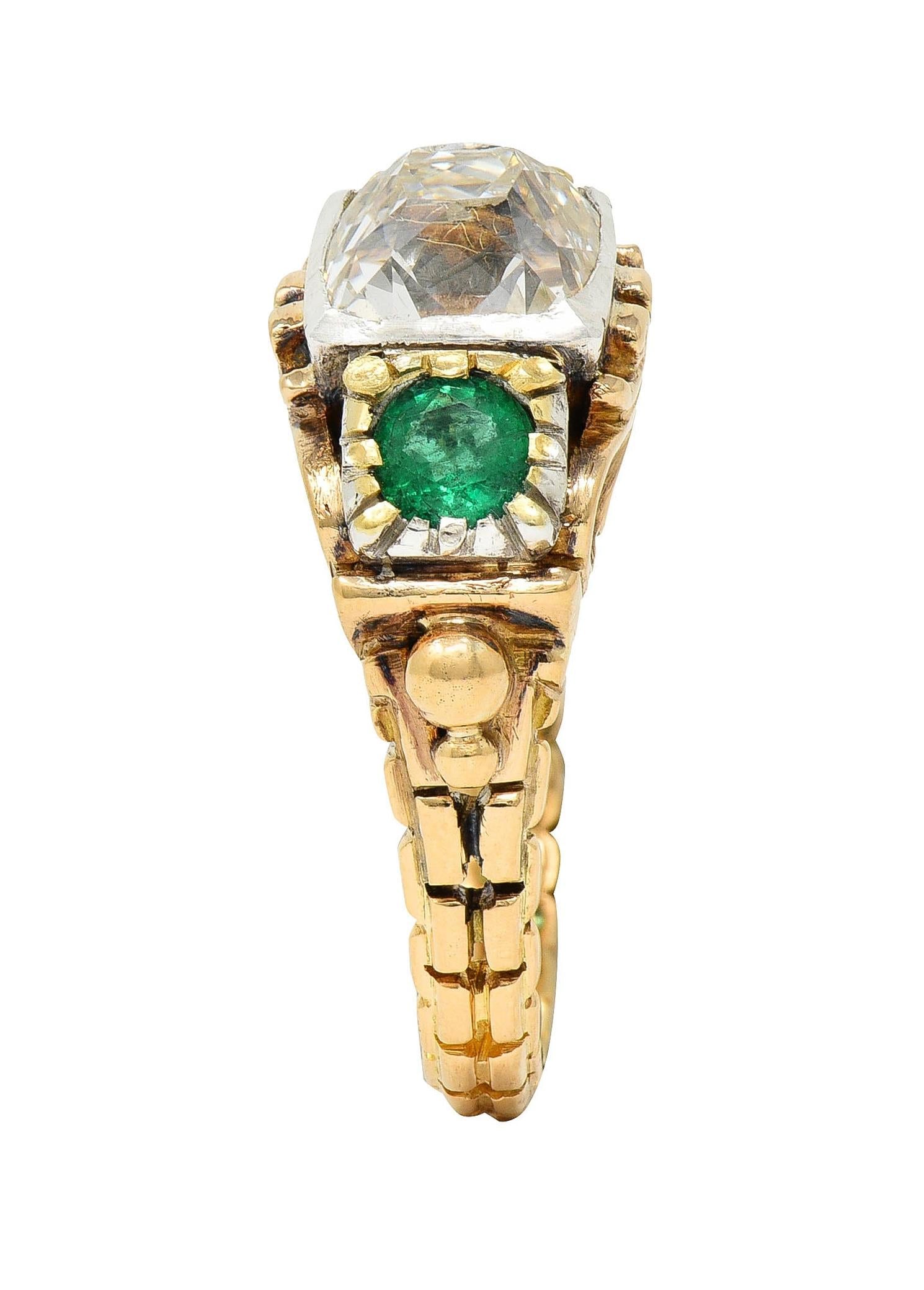 Early Victorian 3.92 CTW Peruzzi Cut Diamond Emerald 18 Karat Gold Antique Ring