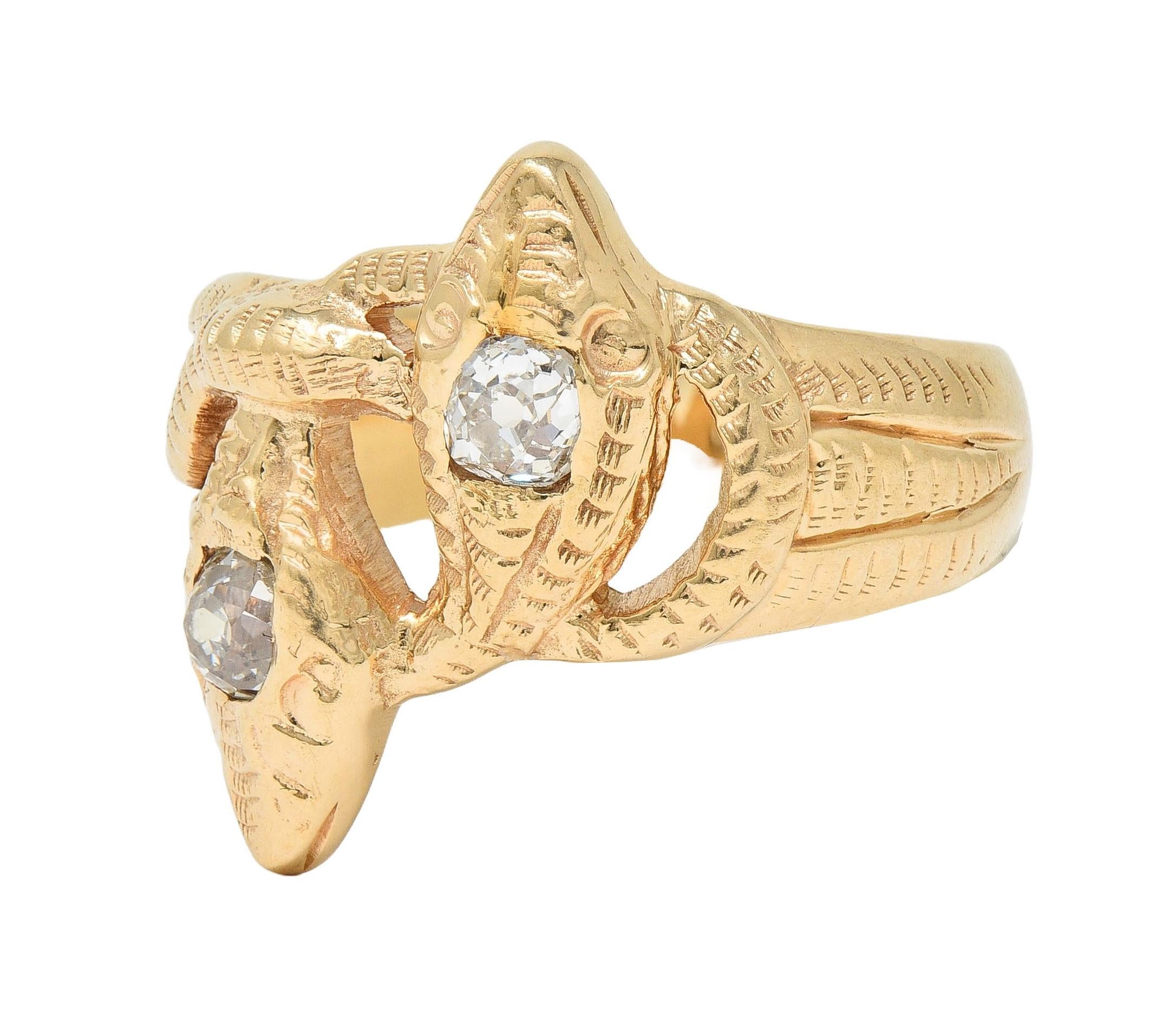 Victorian Diamond 14 Karat Yellow Gold Antique Lover Knot Unisex Snake Band Ring