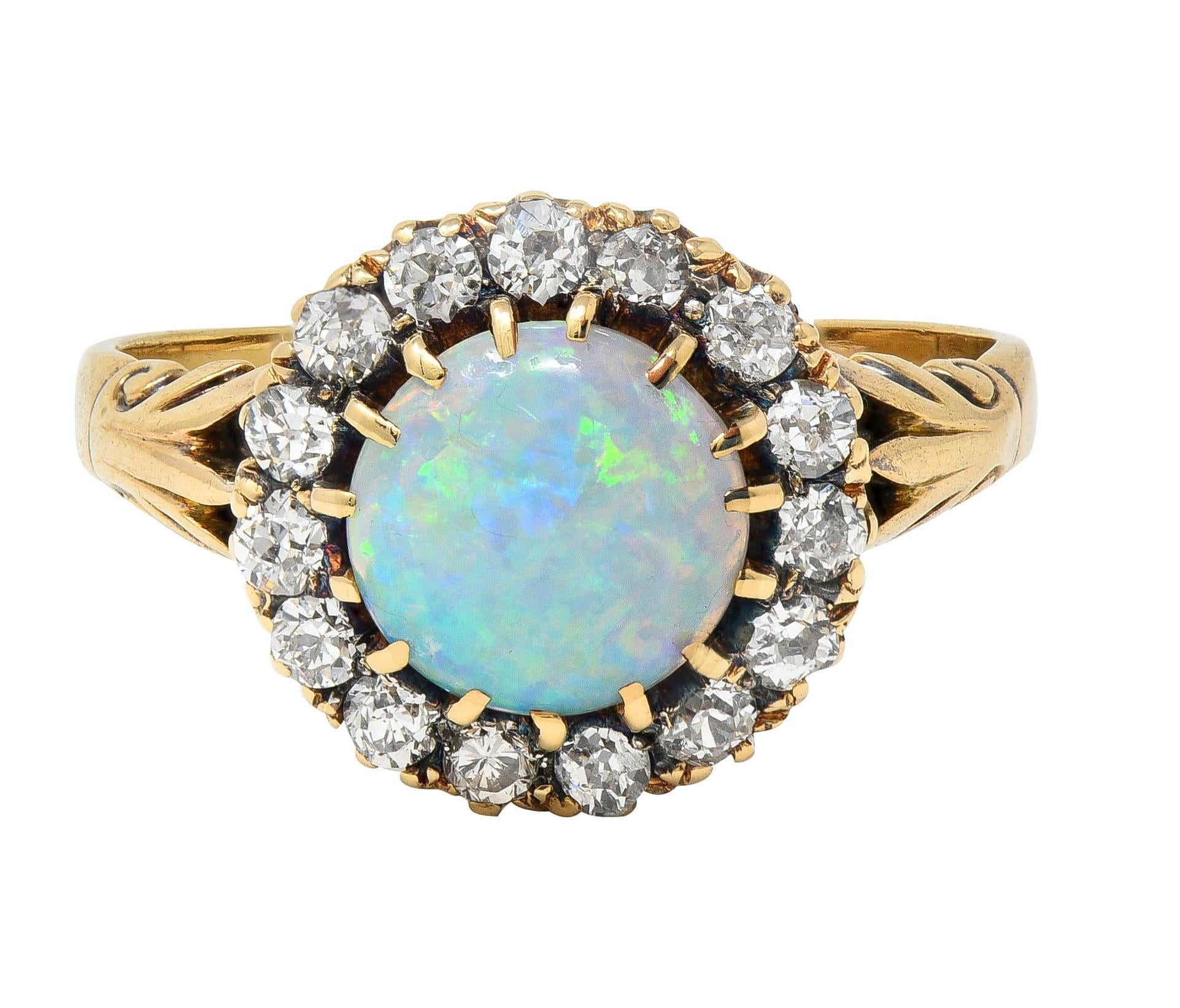 Victorian Opal Diamond 18 Karat Yellow Gold Antique Halo Ring