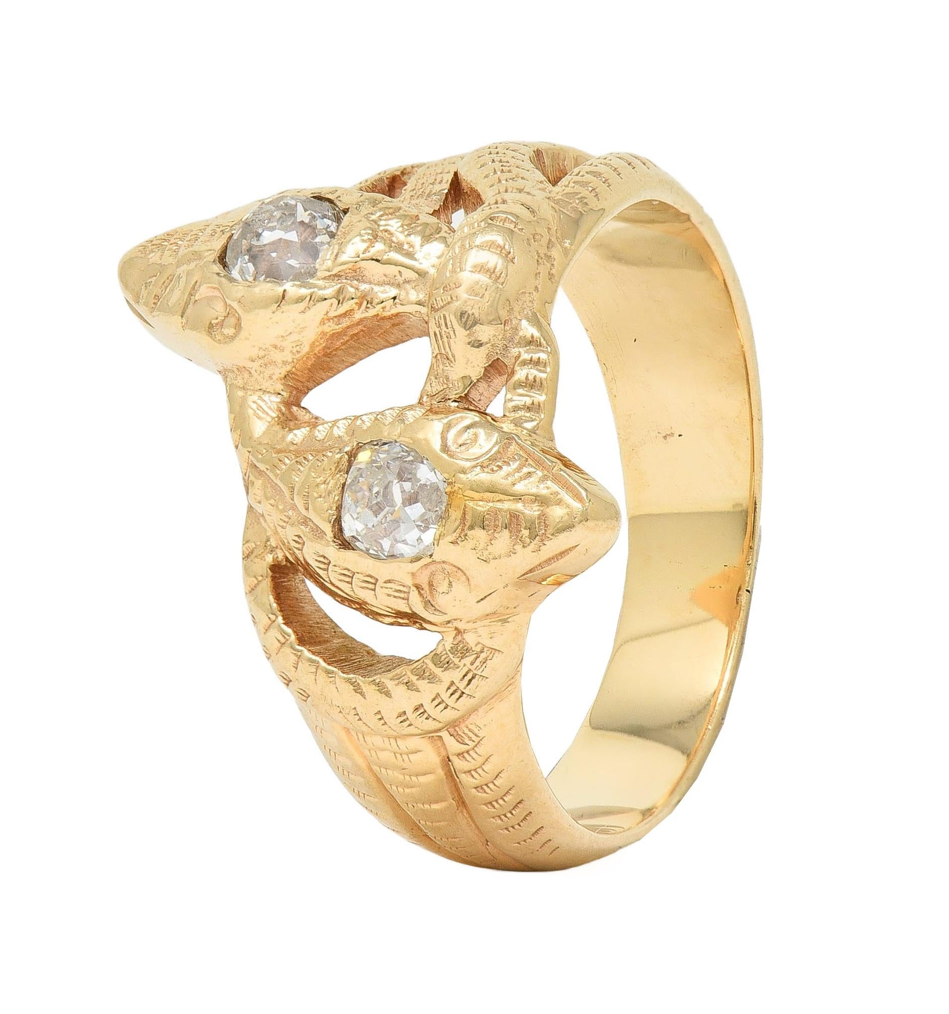 Victorian Diamond 14 Karat Yellow Gold Antique Lover Knot Unisex Snake Band Ring