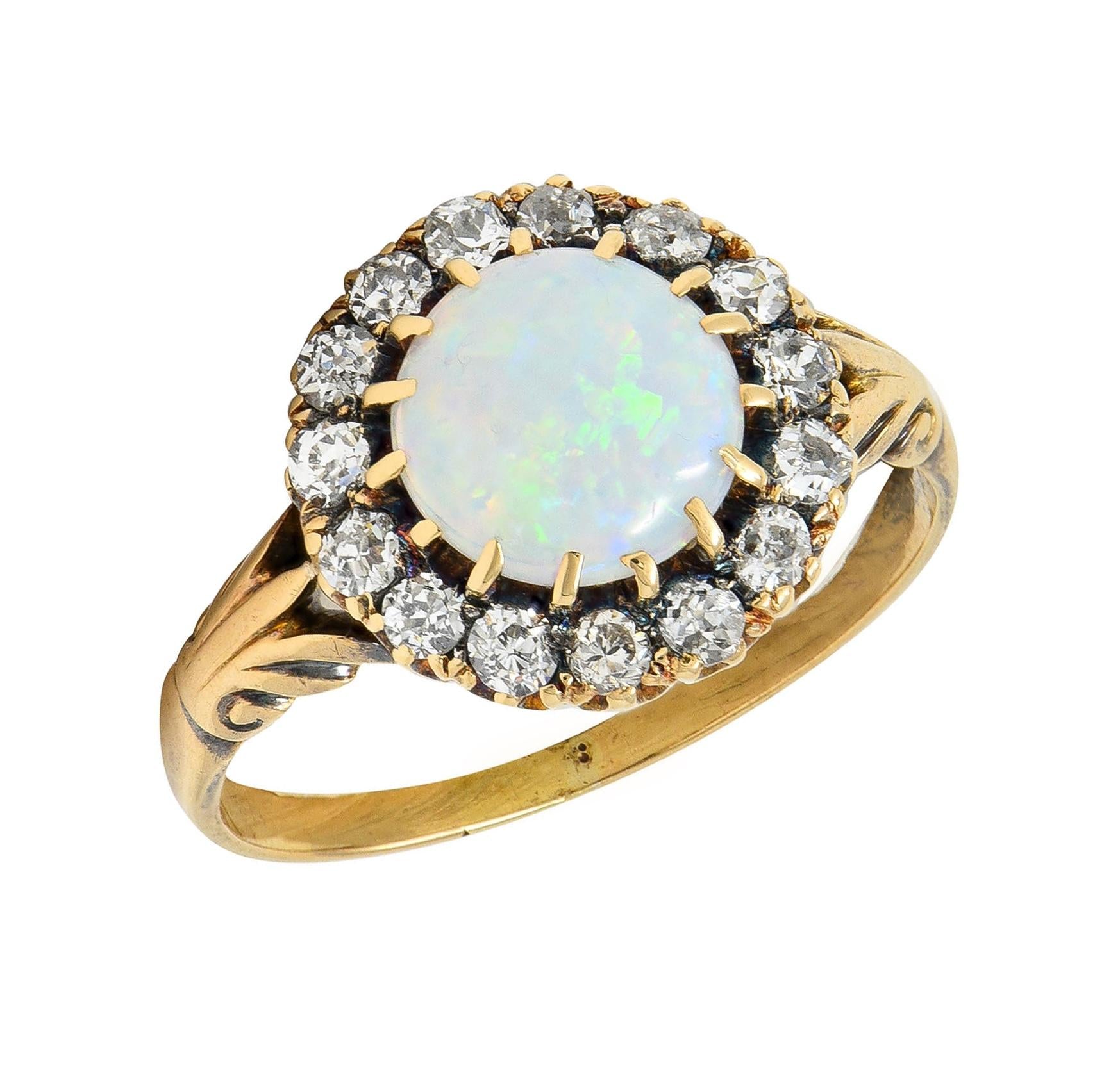 Victorian Opal Diamond 18 Karat Yellow Gold Antique Halo Ring