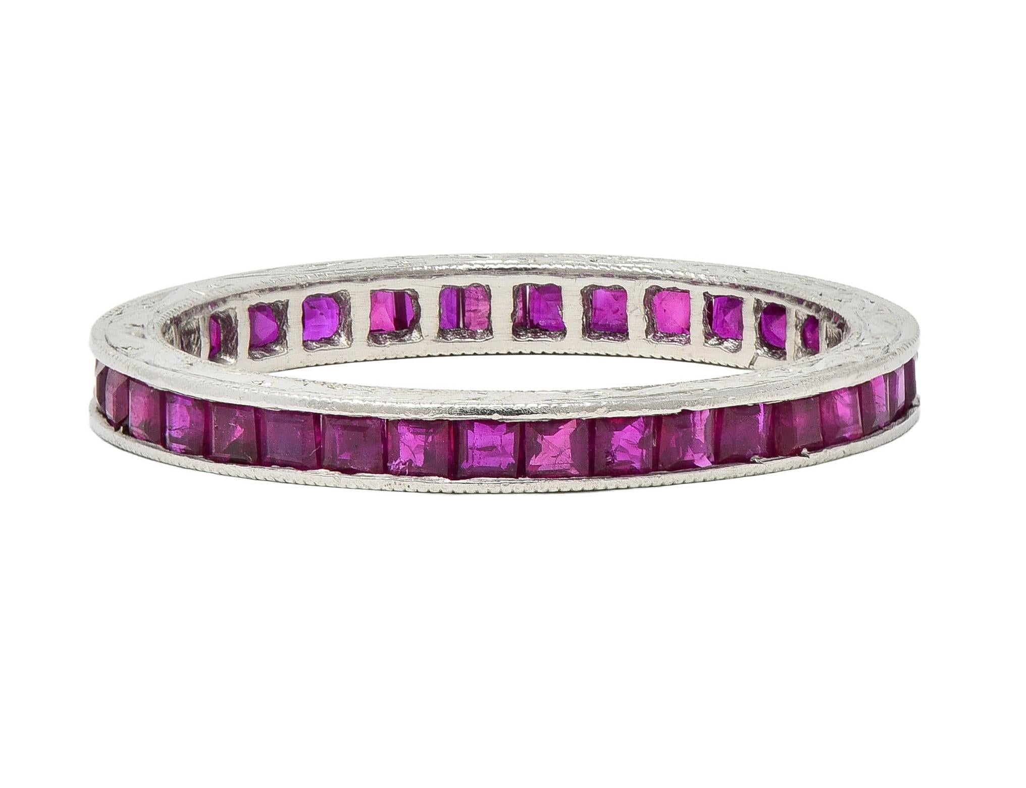 Art Deco 1.85 CTW Square Cut Ruby Platinum Eternity Vintage Channel Band Ring