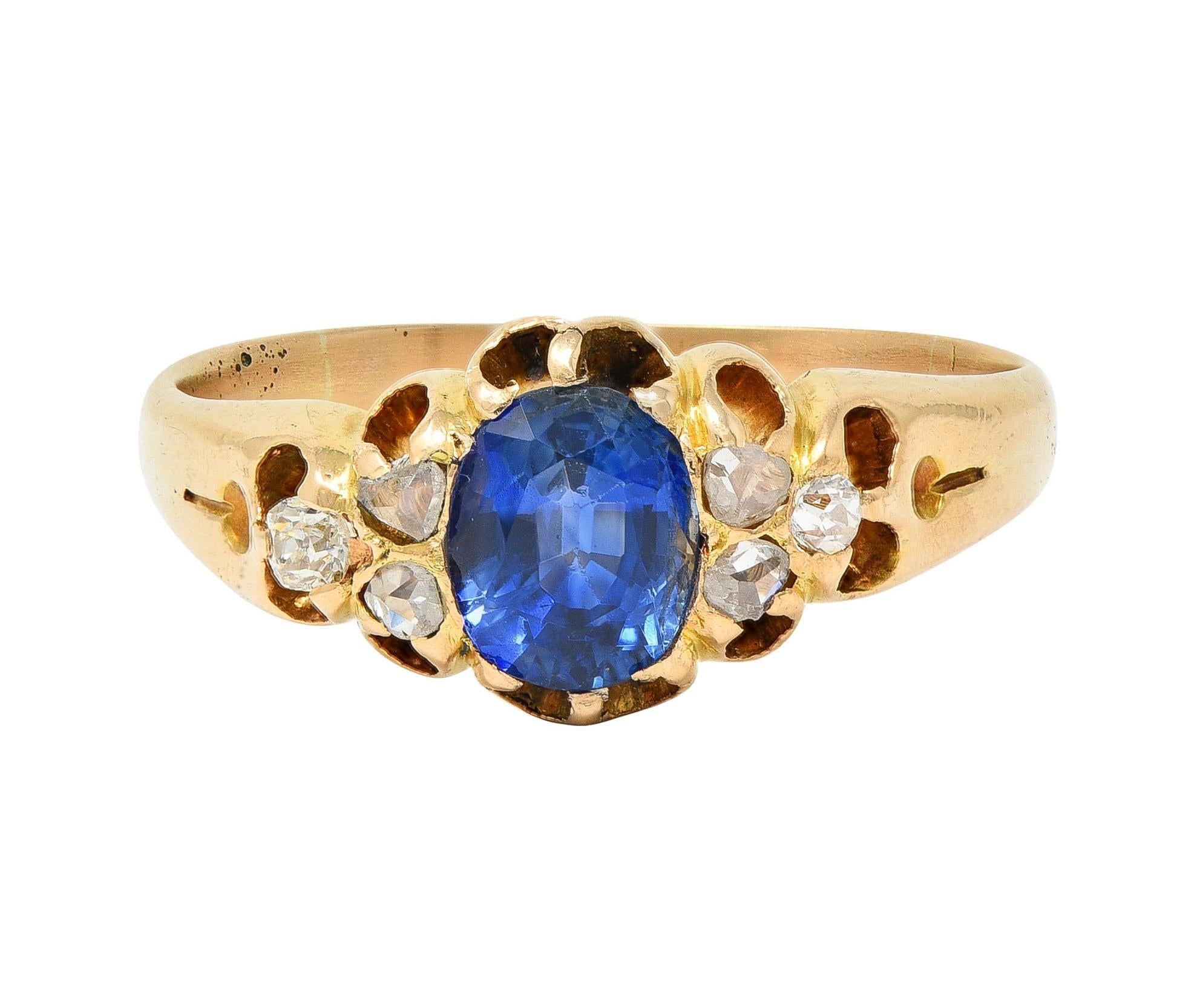 Victorian 1.30 CTW Sapphire Diamond 14 Karat Yellow Gold Belcher Antique Ring