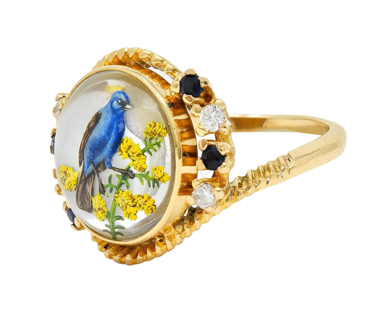 1960s Sapphire Diamond Essex Crystal 14 Karat Gold Vintage Blue Bird Bypass Ring