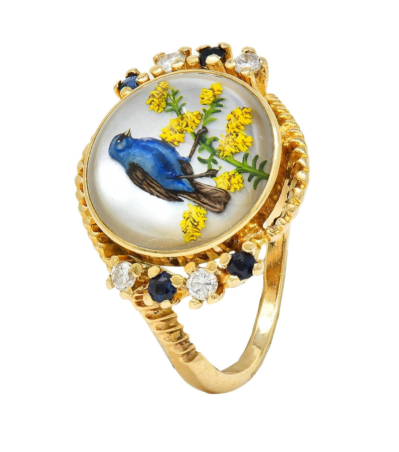 1960s Sapphire Diamond Essex Crystal 14 Karat Gold Vintage Blue Bird Bypass Ring