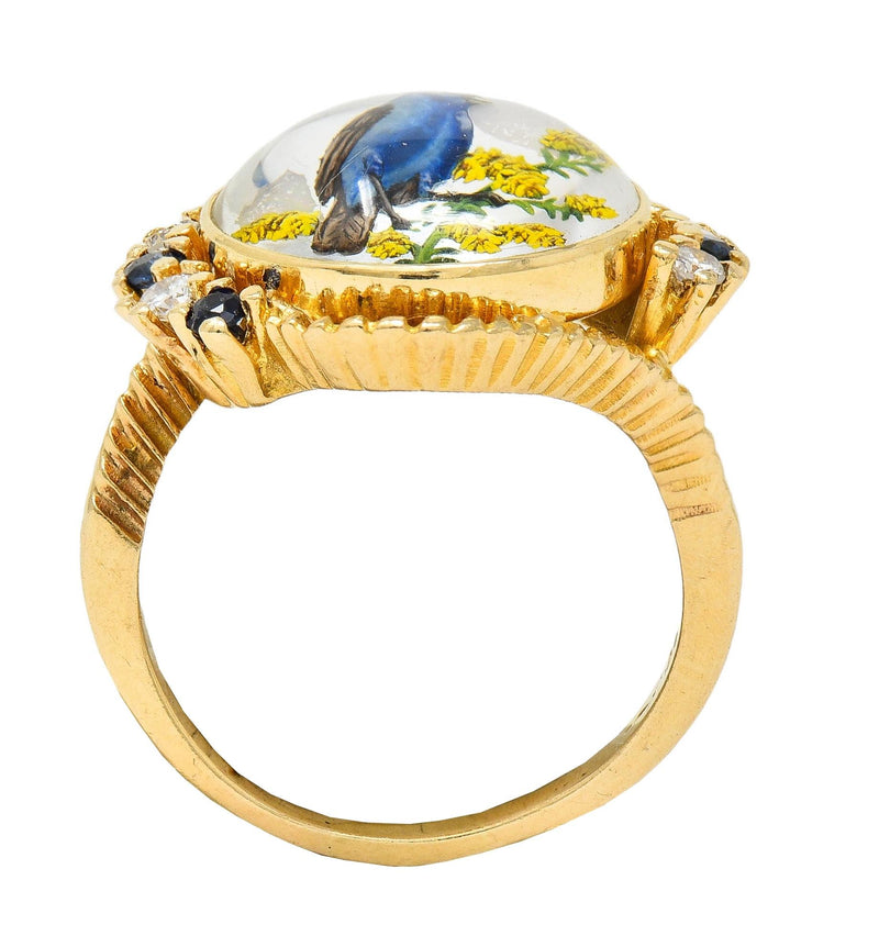 1960s Sapphire Diamond Essex Crystal 14 Karat Gold Vintage Blue Bird Bypass Ring