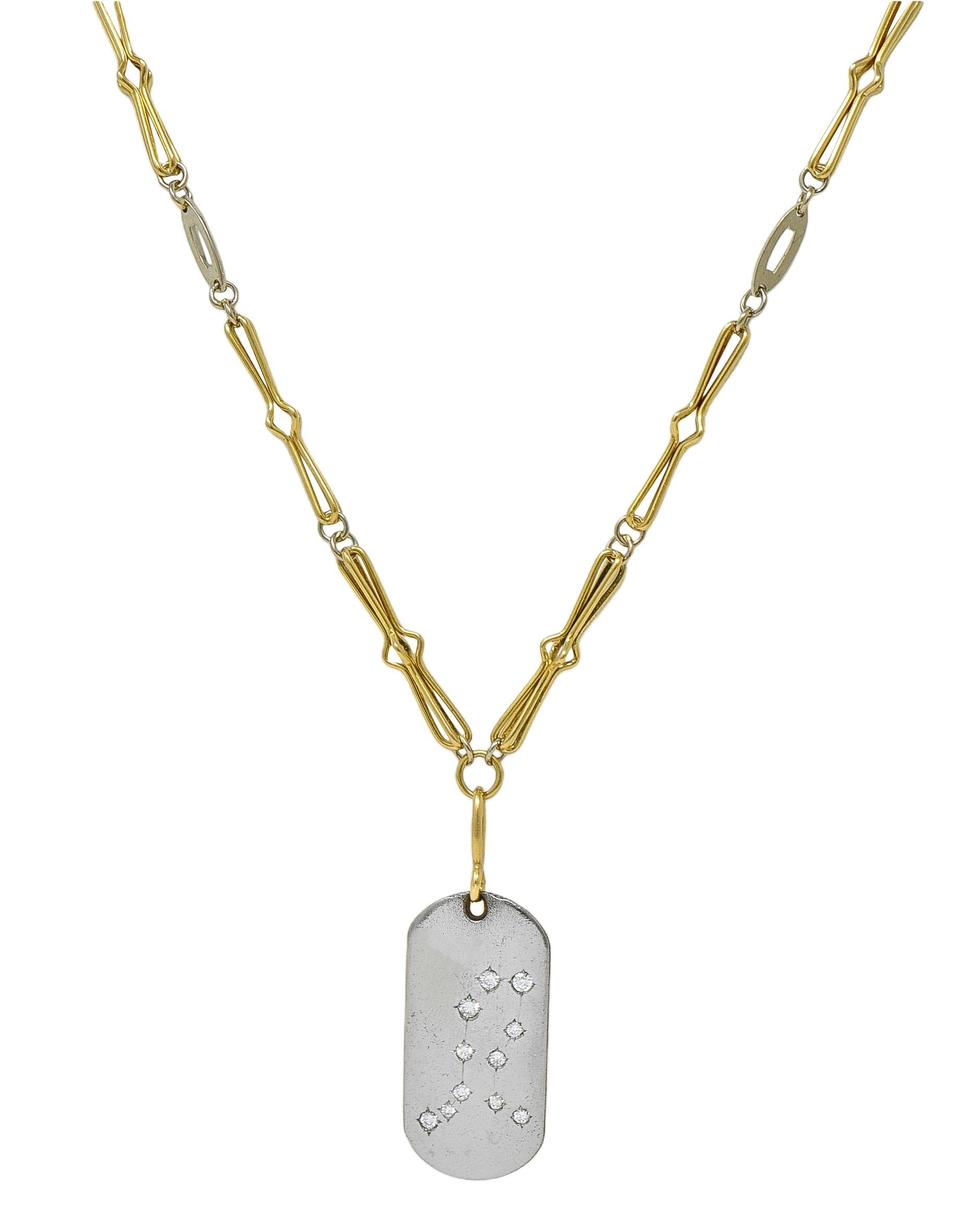 Bulgari Diamond 18 Karat Gold Vintage Zodiac Gemini Dog Tag Pendant Necklace
