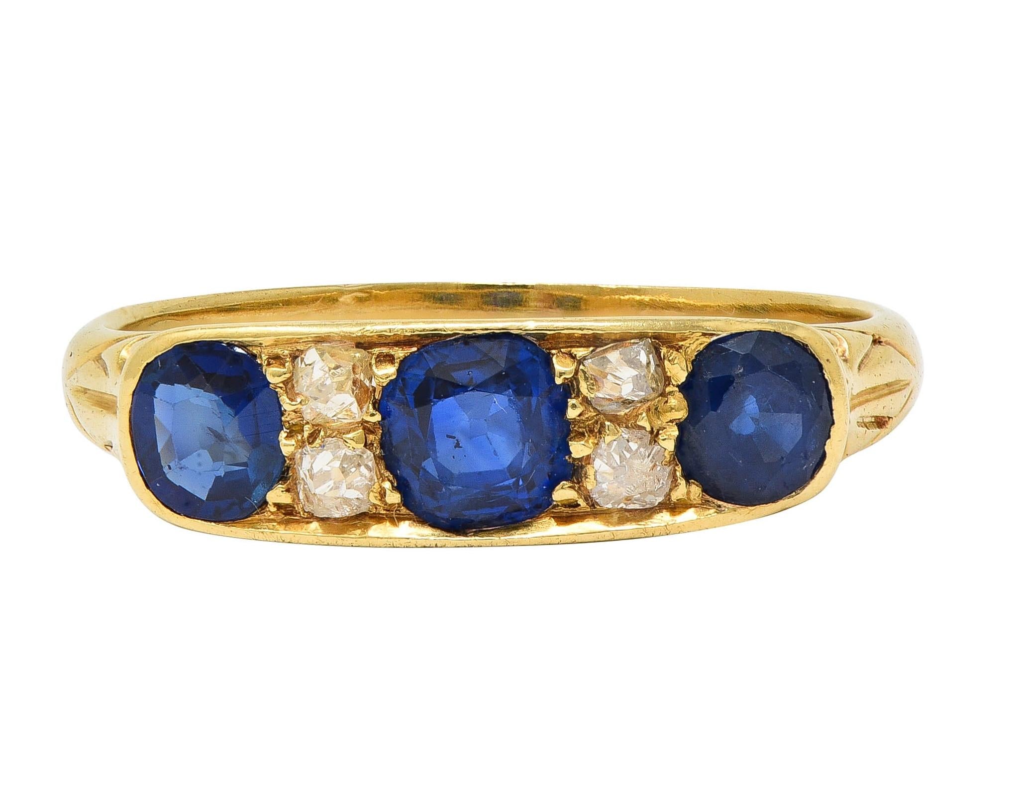 Victorian 1.52 CTW Sapphire Diamond 18K Yellow Gold Antique Scroll Band Ring