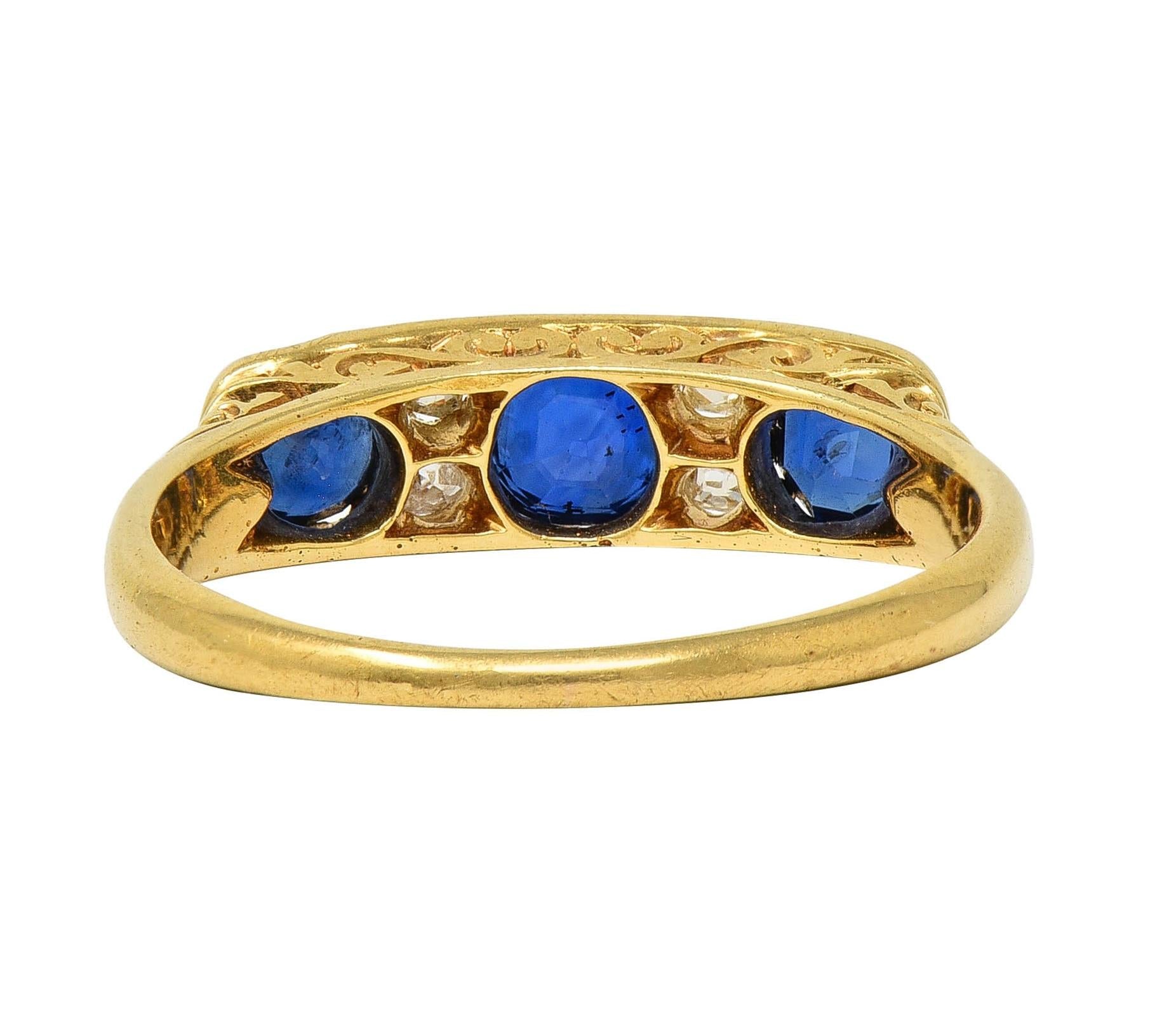 Victorian 1.52 CTW Sapphire Diamond 18K Yellow Gold Antique Scroll Band Ring