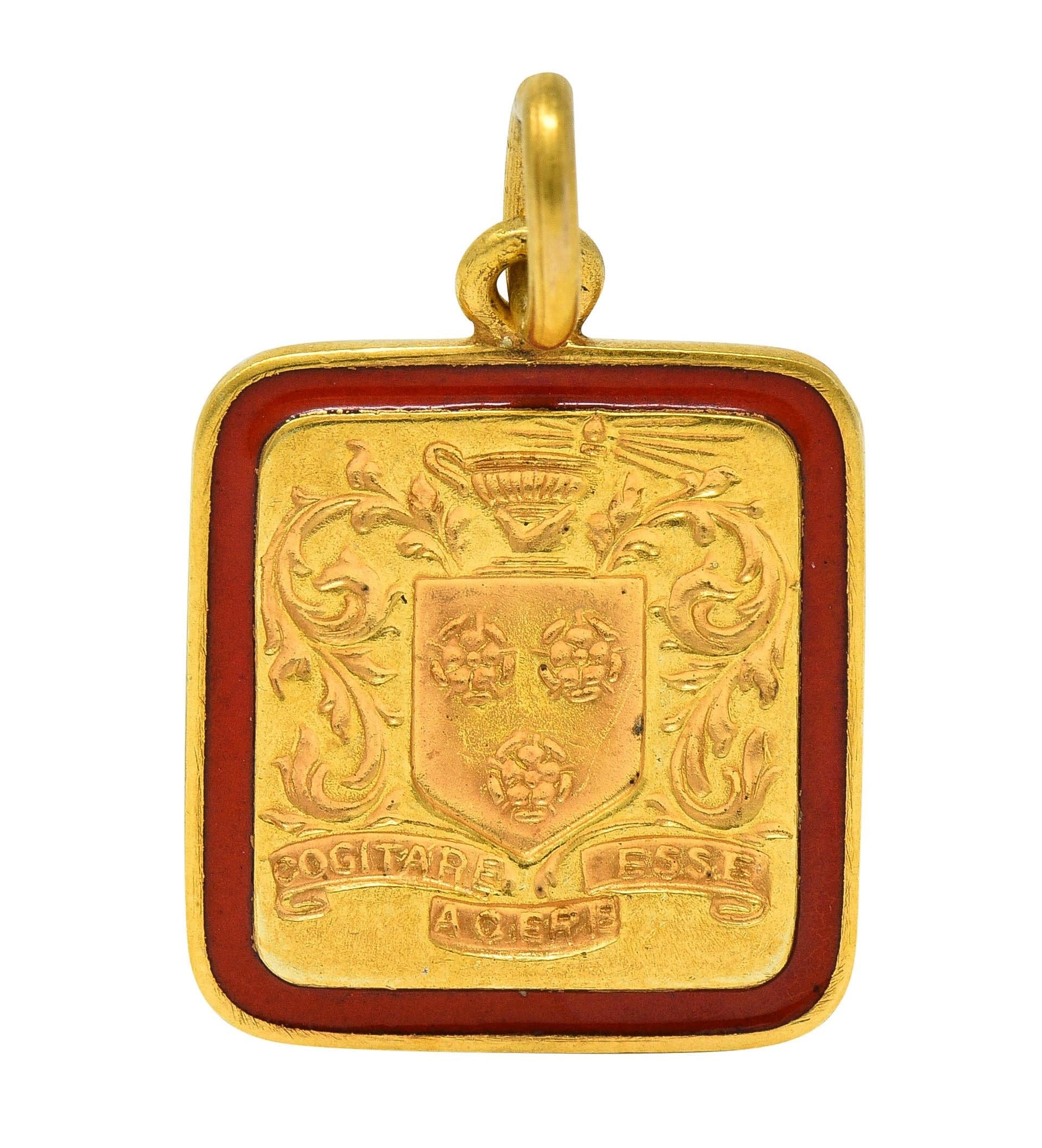 Tiffany & Co. 1945 Enamel 14K Gold School Crest Antique Intaglio Pendant Charm