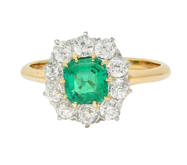 Edwardian 1.80 CTW Emerald Diamond Platinum 14K Yellow Gold Antique Halo Ring