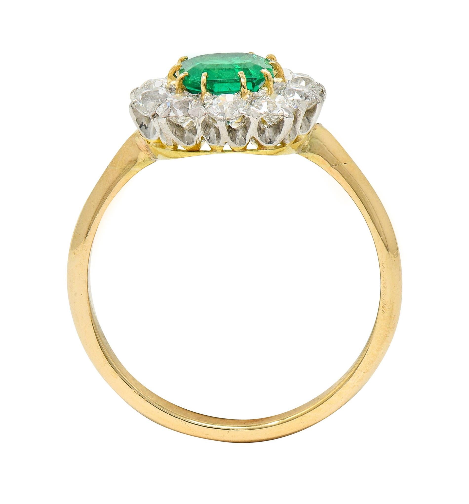 Edwardian 1.80 CTW Emerald Diamond Platinum 14K Yellow Gold Antique Halo Ring