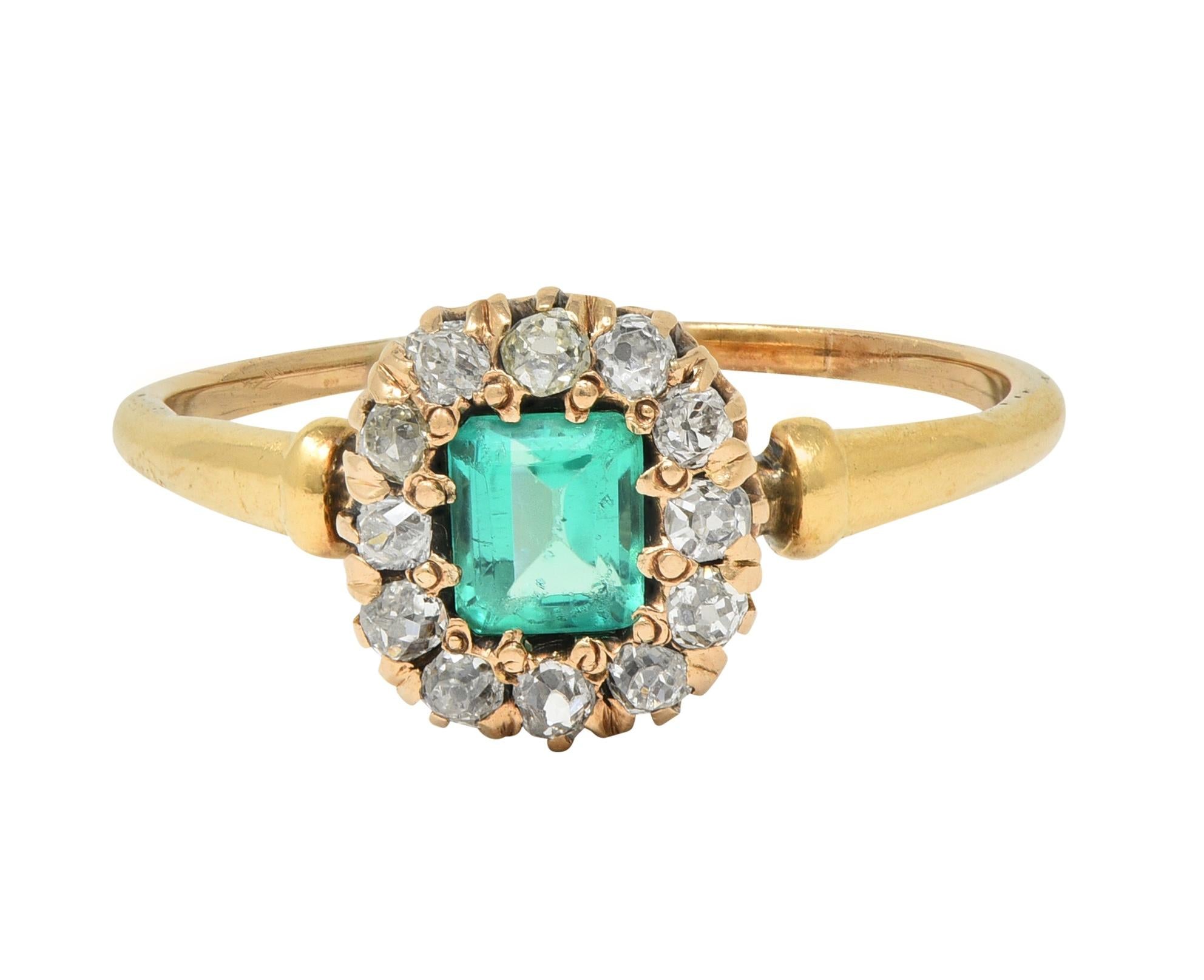 Victorian 0.82 CTW Emerald Diamond 14 Karat Yellow Gold Antique Halo Ring