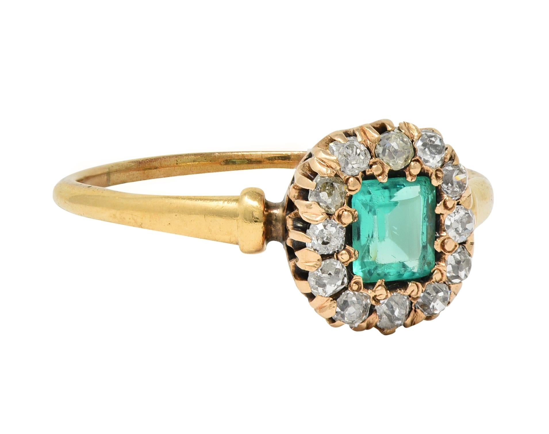 Victorian 0.82 CTW Emerald Diamond 14 Karat Yellow Gold Antique Halo Ring