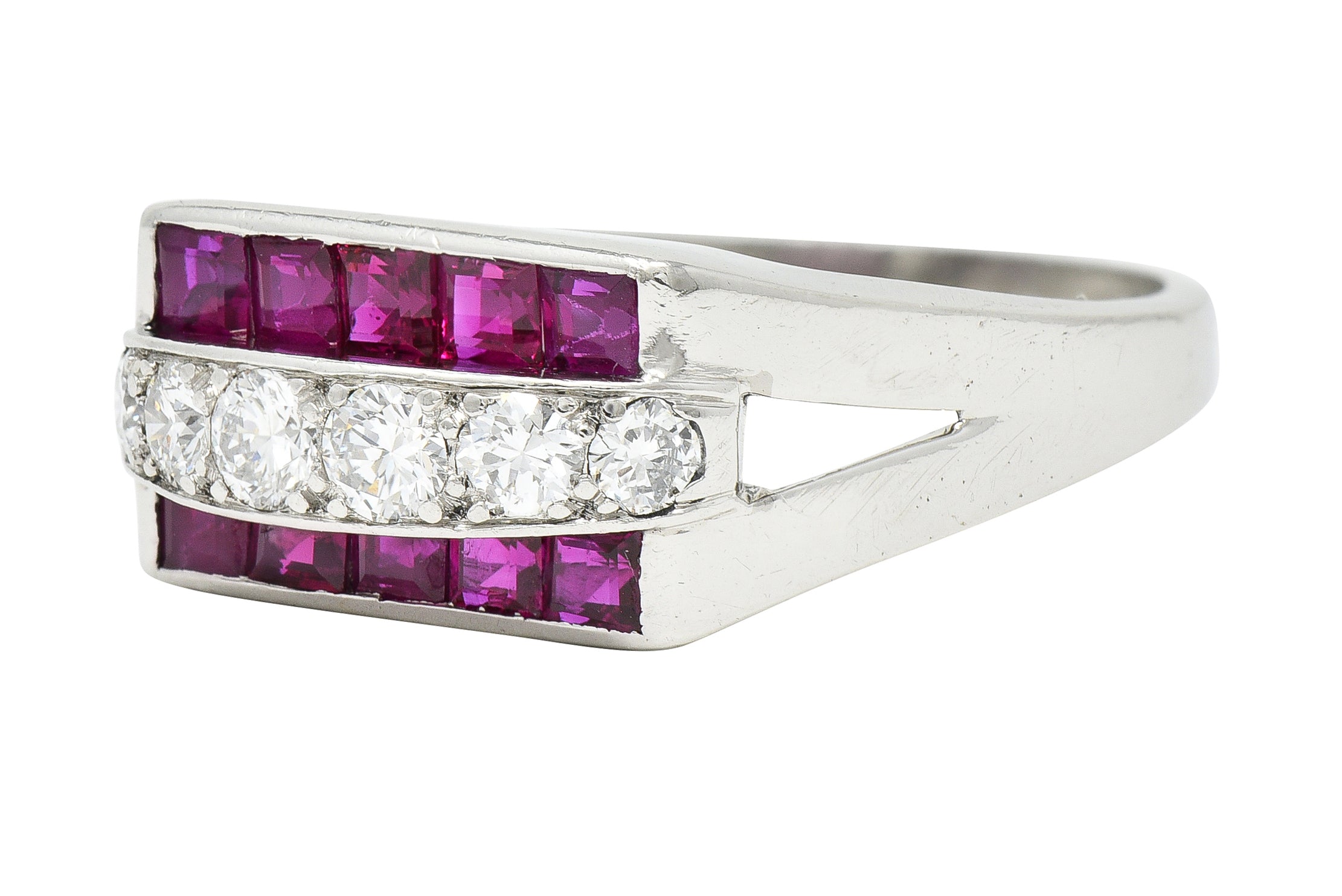 1950's Mid-Century 1.05 CTW Ruby Diamond Platinum Band Ring Published Wilson's Estate Jewelry