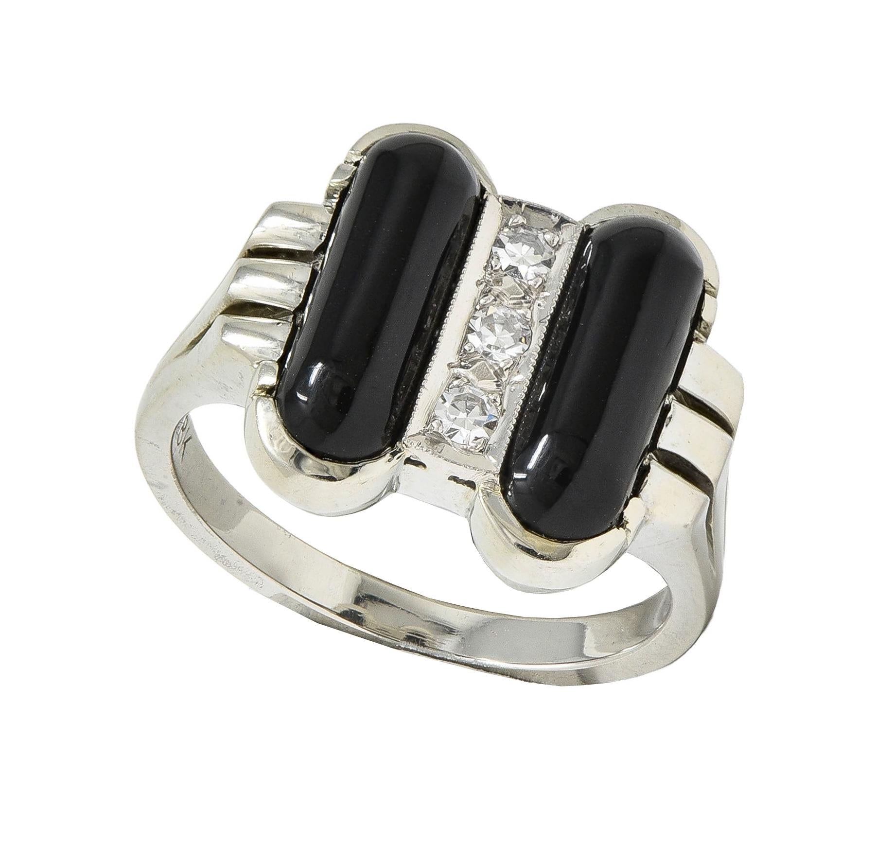 Helm & Hahn Co. Mid-Century Diamond Onyx 18 Karat White Gold Vintage Ring