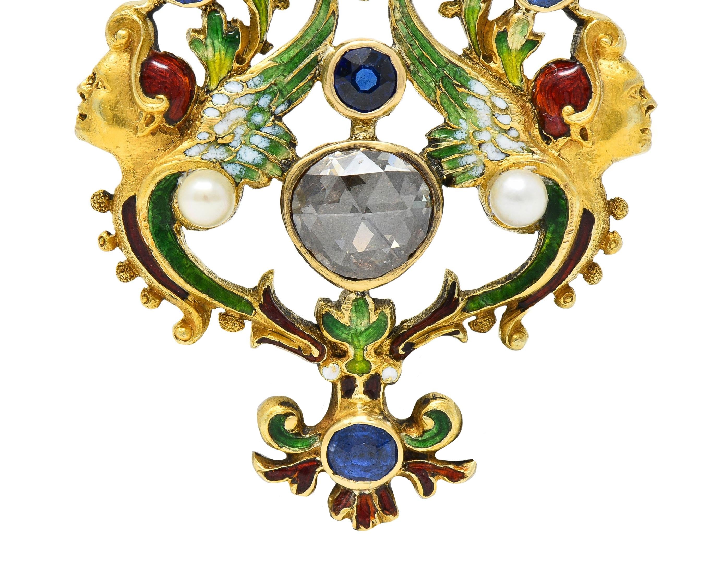 Victorian Renaissance Revival Multi-Gem Enamel 14K Harpy Antique Pendant