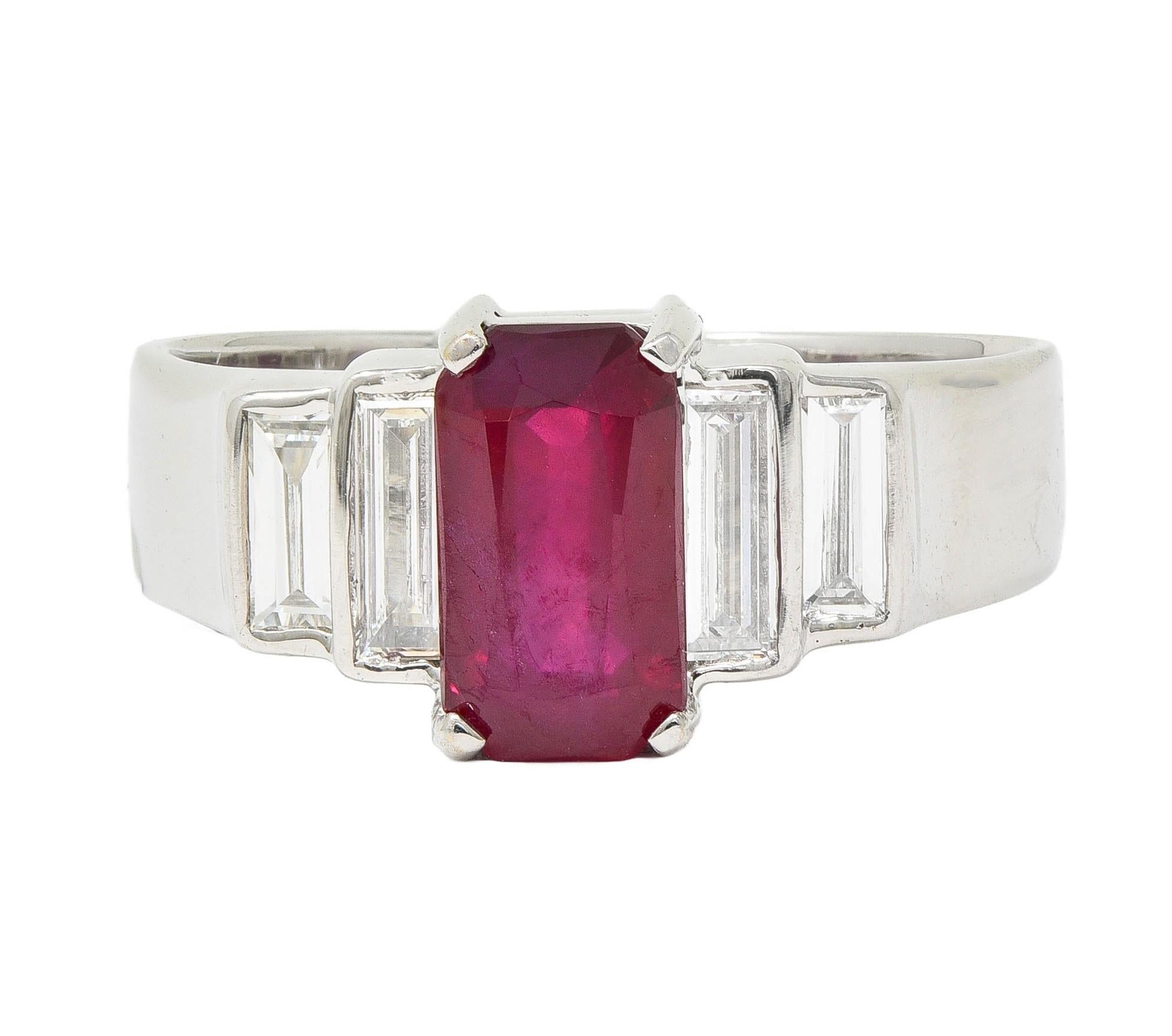 Contemporary 2.10 CTW Emerald Cut Ruby Diamond 18 Karat White Gold Ring