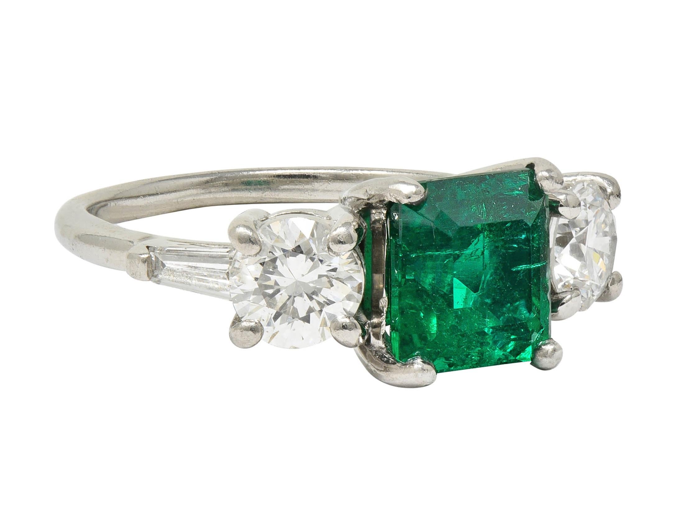 Mid-Century 2.80 CTW Colombian Emerald Diamond Platinum Vintage Ring AGL