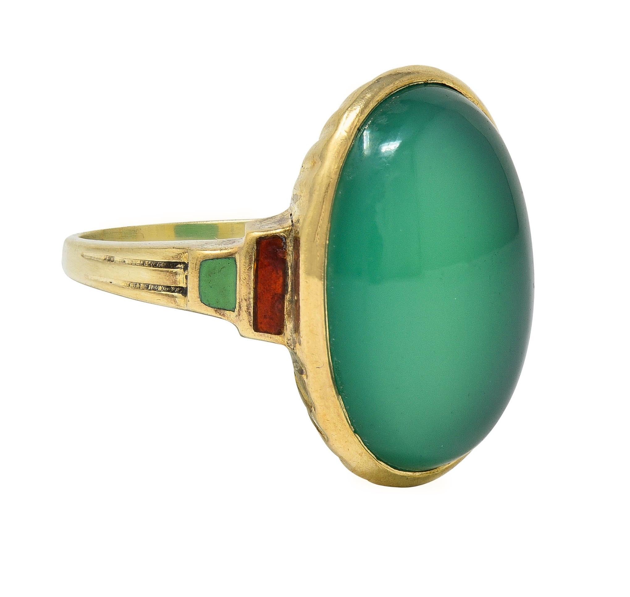 Allsopp Bros. Art Deco Chrysoprase Enamel 14 Karat Yellow Gold Antique Ring