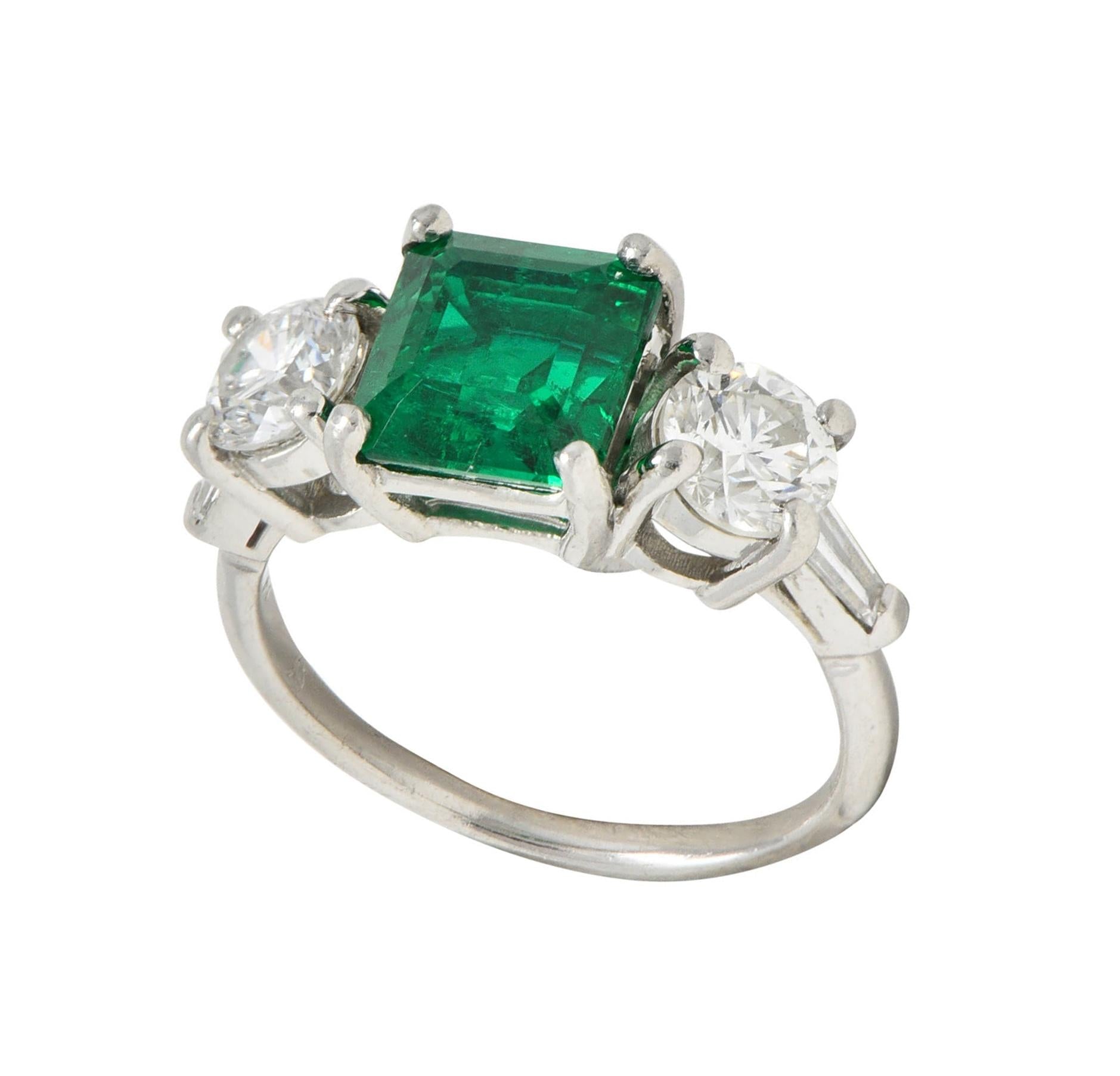 Mid-Century 2.80 CTW Colombian Emerald Diamond Platinum Vintage Ring AGL