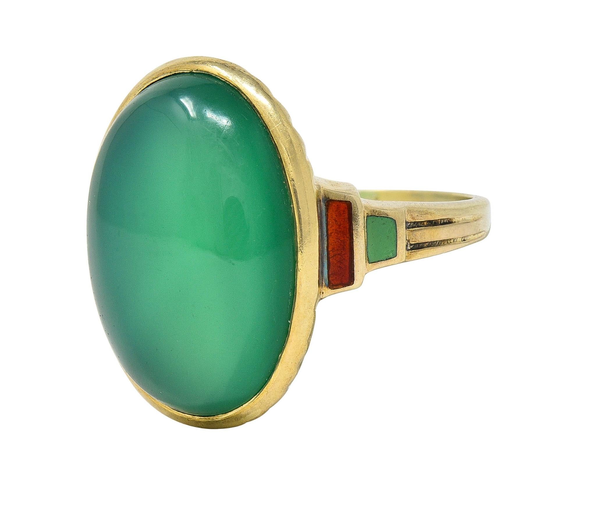 Allsopp Bros. Art Deco Chrysoprase Enamel 14 Karat Yellow Gold Antique Ring